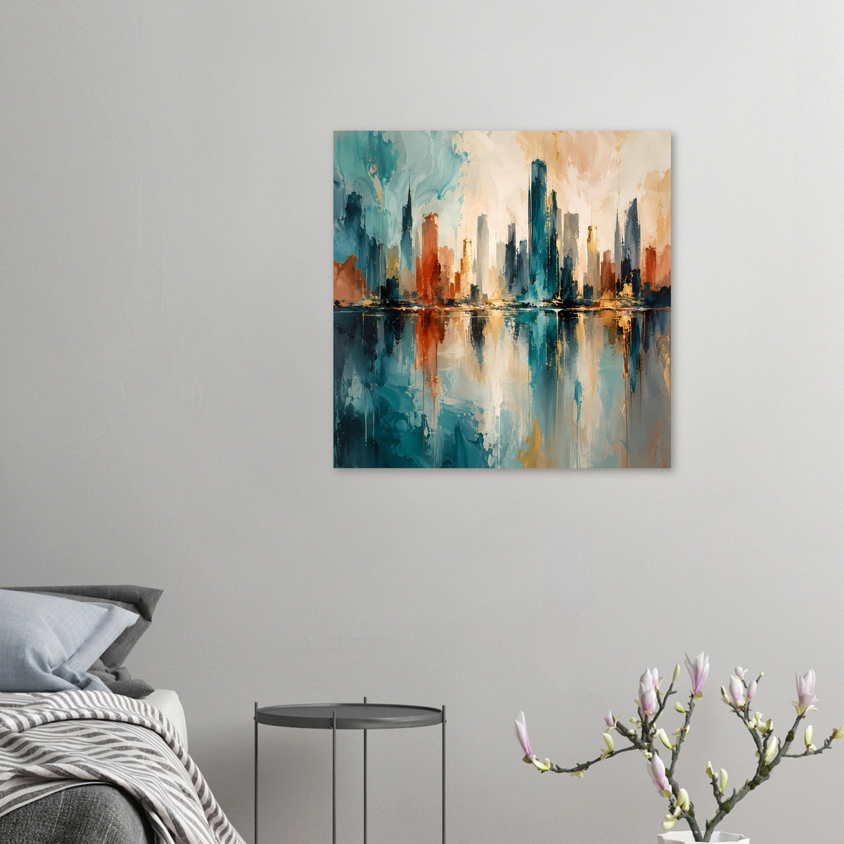 Kleines gerahmtes Skyline-Poster mit Spiegelung, abstrakte Blau-, Gold- und Rosttöne