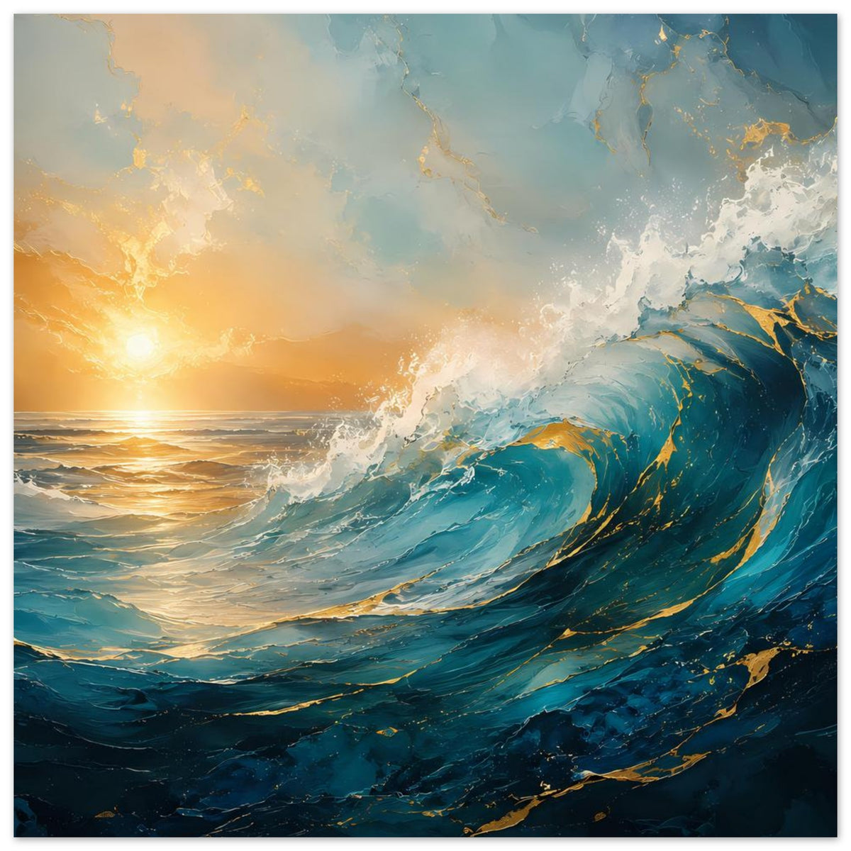 Querformat-Poster mit großen Ozeanwellen und goldener Sonne über dem Wasser