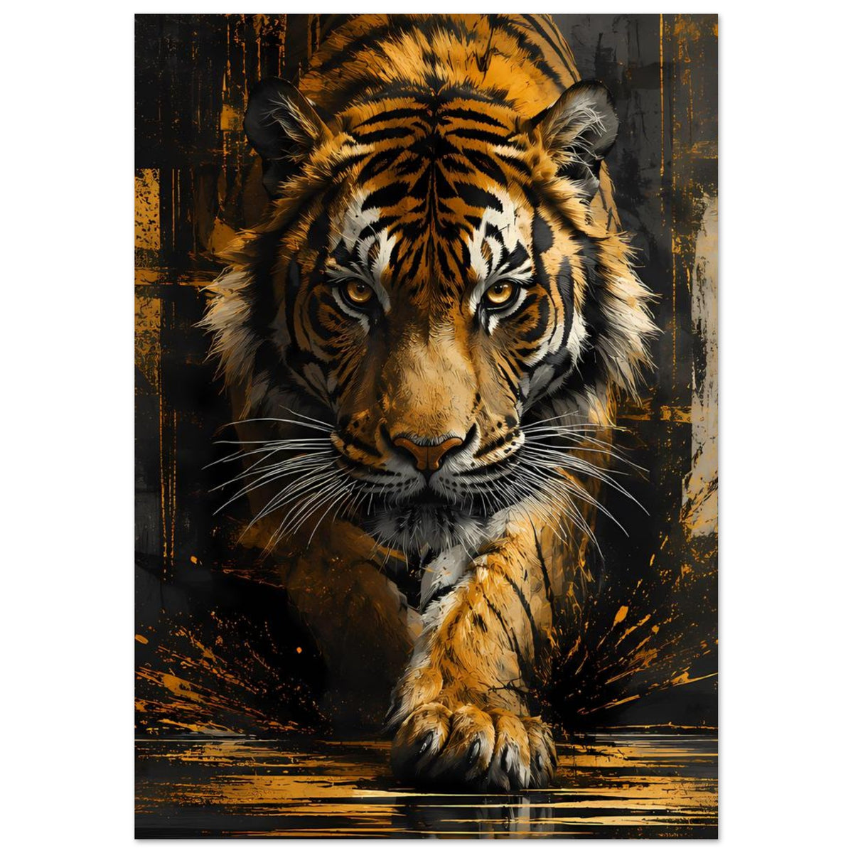 Tiger-Poster mit frontalem Blick, gelb-goldene Fellpartien, Tatze nach vorne, hochformatig