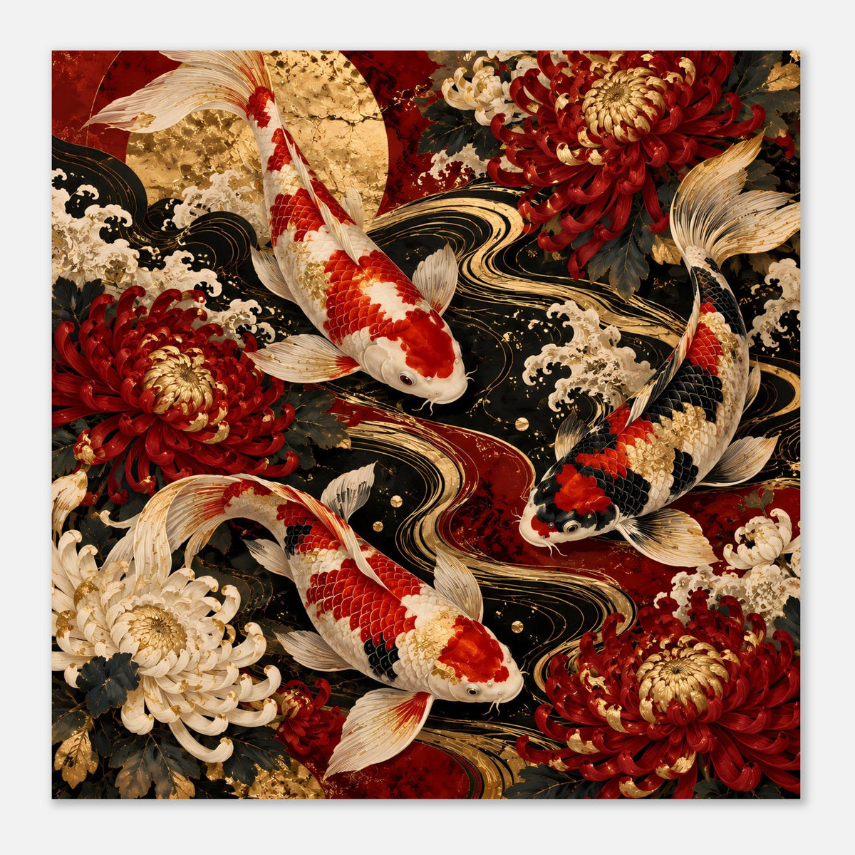 Poster mit Koi-Fischen, roten und goldenen Blüten sowie cremefarbenen Details