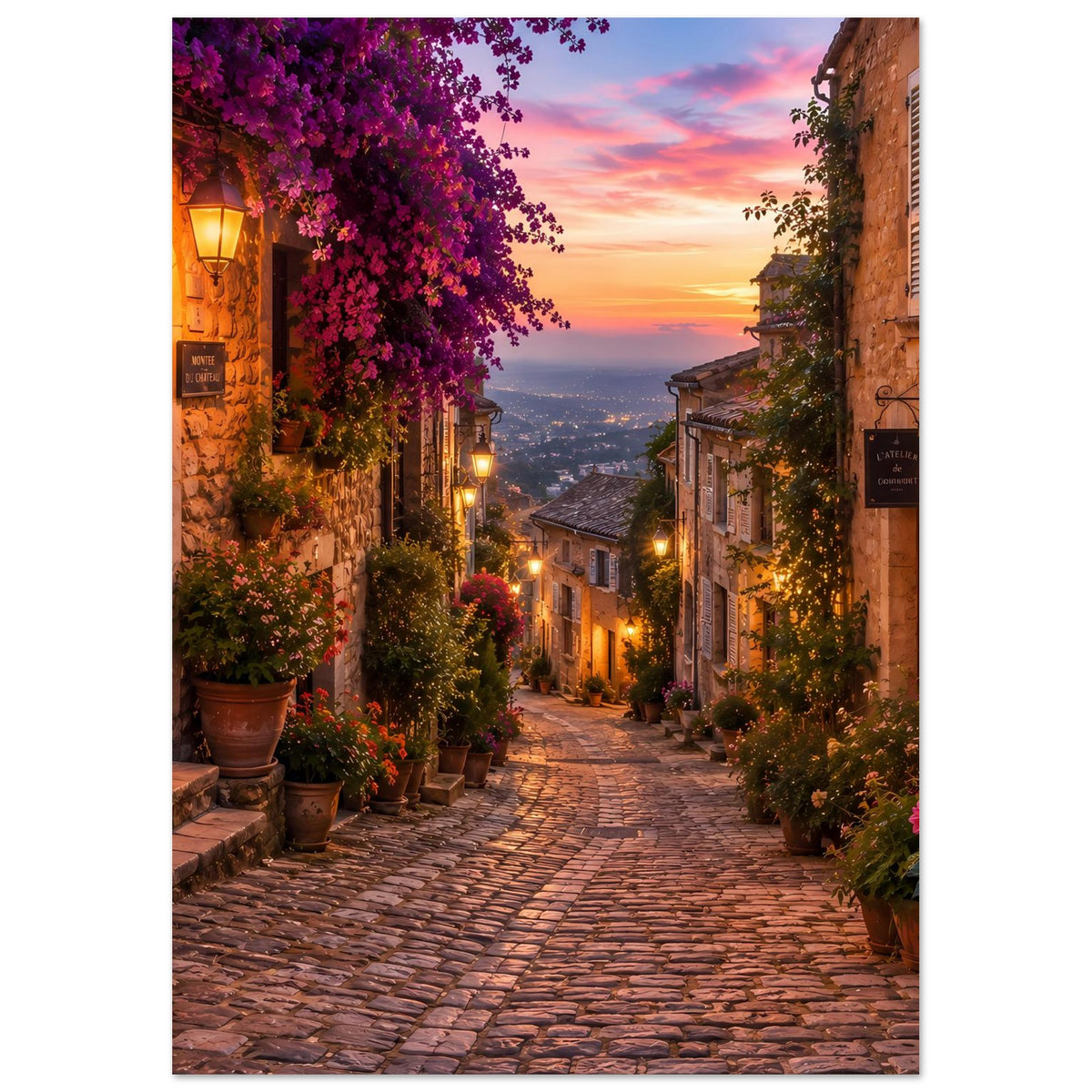Hochformat-Poster mit Altstadtgasse bei Sonnenuntergang, violetten Blüten und Laternen