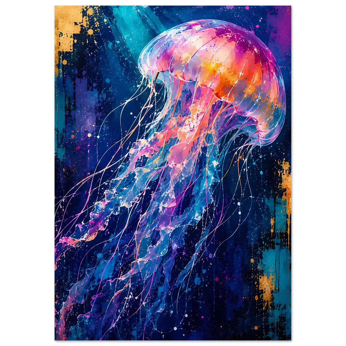 Poster mit Quallen-Porträt, Regenbogenfarben und feinen Tentakellinien in Blau und Pink