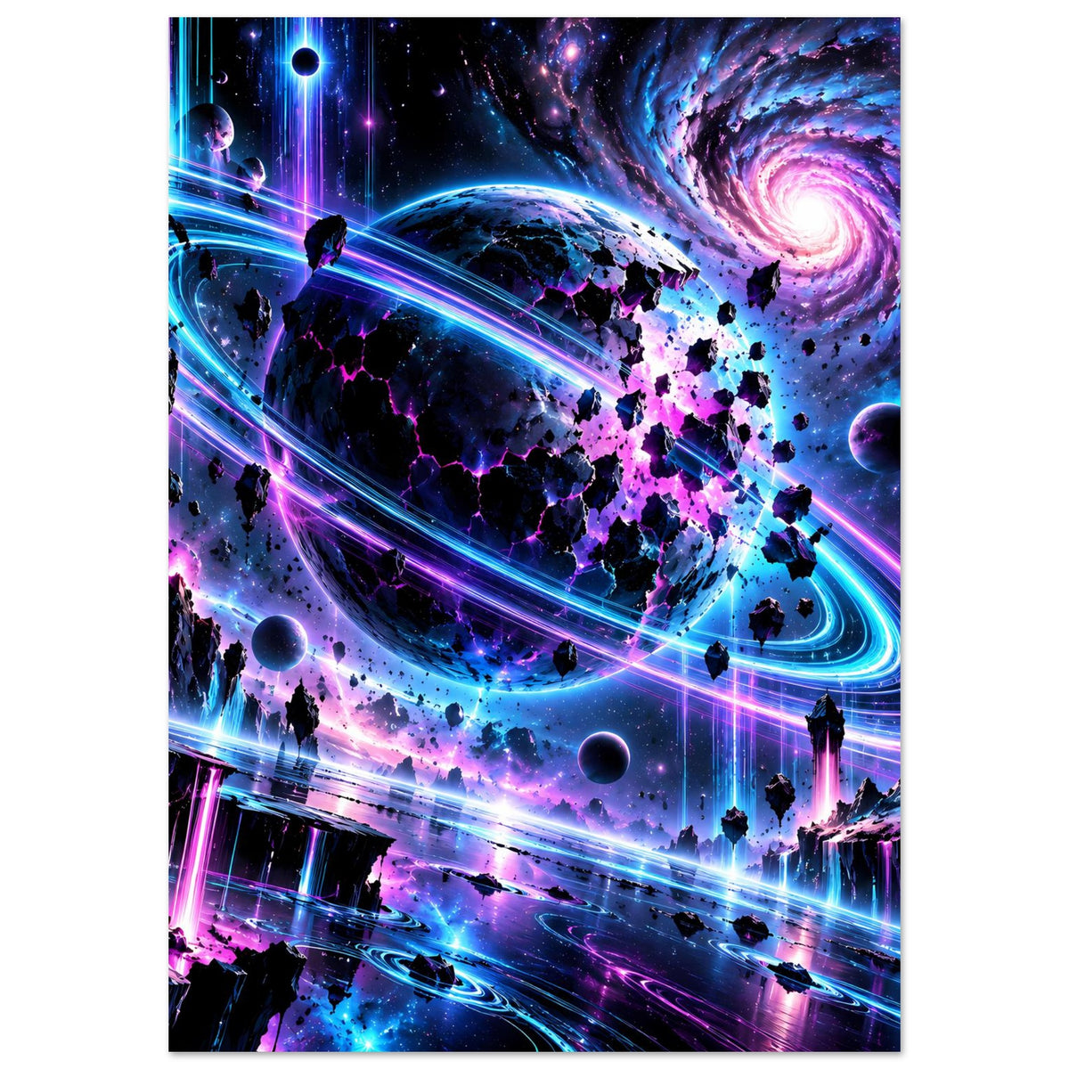 Hochformat-Poster mit neonblauen/pinken Lichtbahnen, Planeten und Raketen-Silhouetten