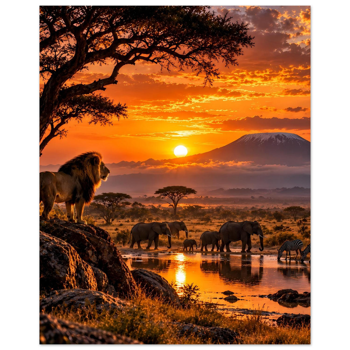 Vertikales Safari-Sonnenuntergangs-Poster mit Löwe links, Elefanten am Wasser und Berg im Hintergrund