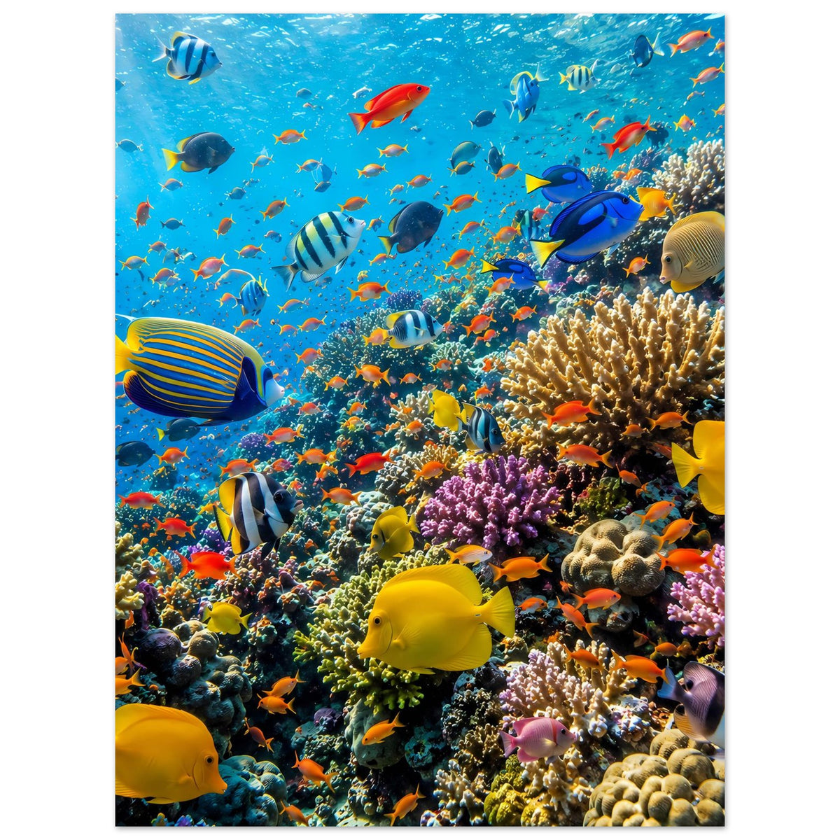 Poster mit Korallenriff und bunten tropischen Fischen, blaues Meer, matte Oberfläche.