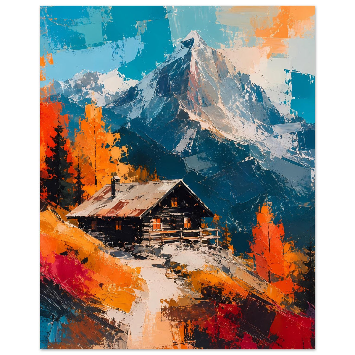Poster mit Alpenhütte und hohen Bergen, Herbstfarben in Blau und Orange