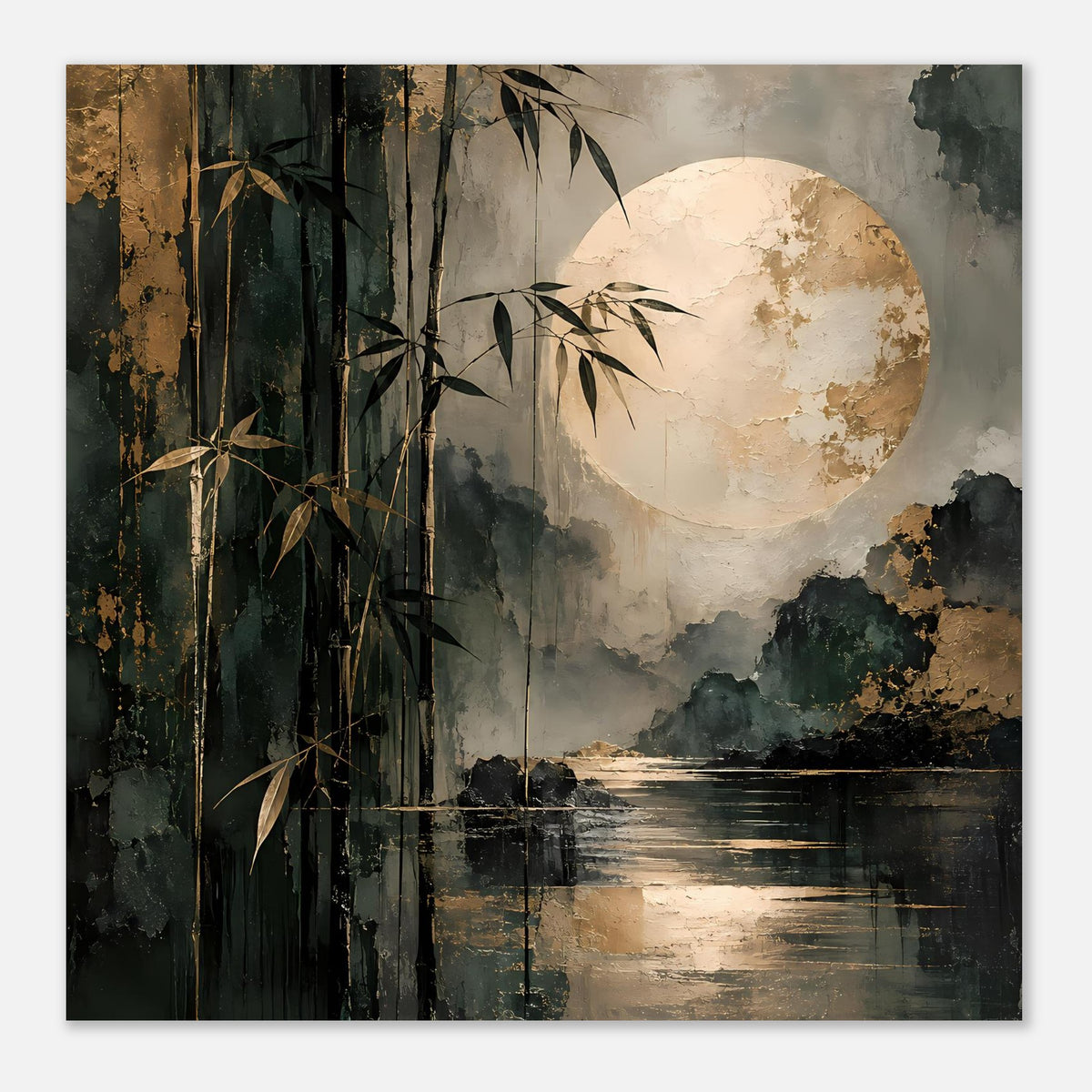 Naturposter im Querformat: Bambus links, Mond über spiegelndem Fluss und Buschwerk