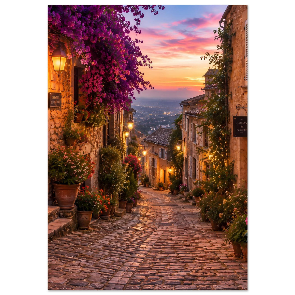 Vertikales Poster einer Altstadtgasse mit violetten Blüten, Laternenlichtern und Sonnenuntergang