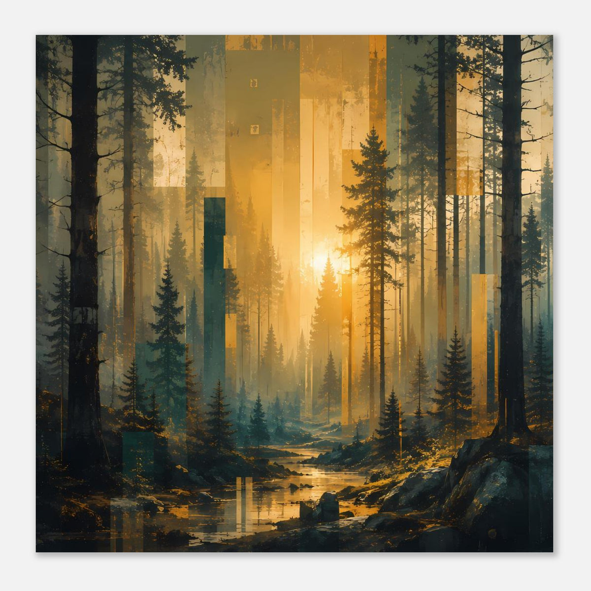 Poster mit Waldlandschaft: goldener Sonnenaufgang, Tannen, Nebel und kleiner Bach im Tal