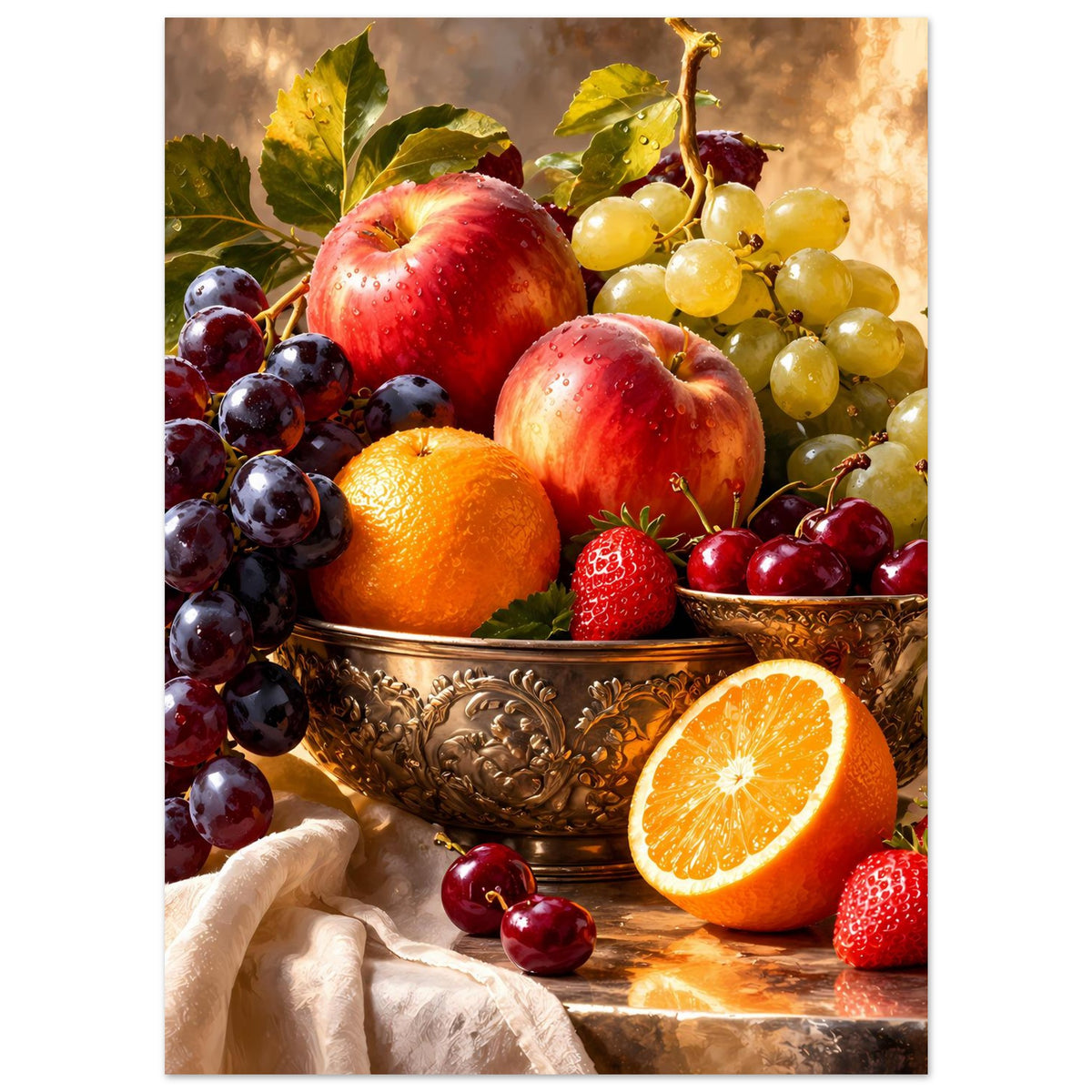 Stillleben-Poster: Metallschale voller Früchte mit Orange, Erdbeeren, Kirschen und Weintrauben