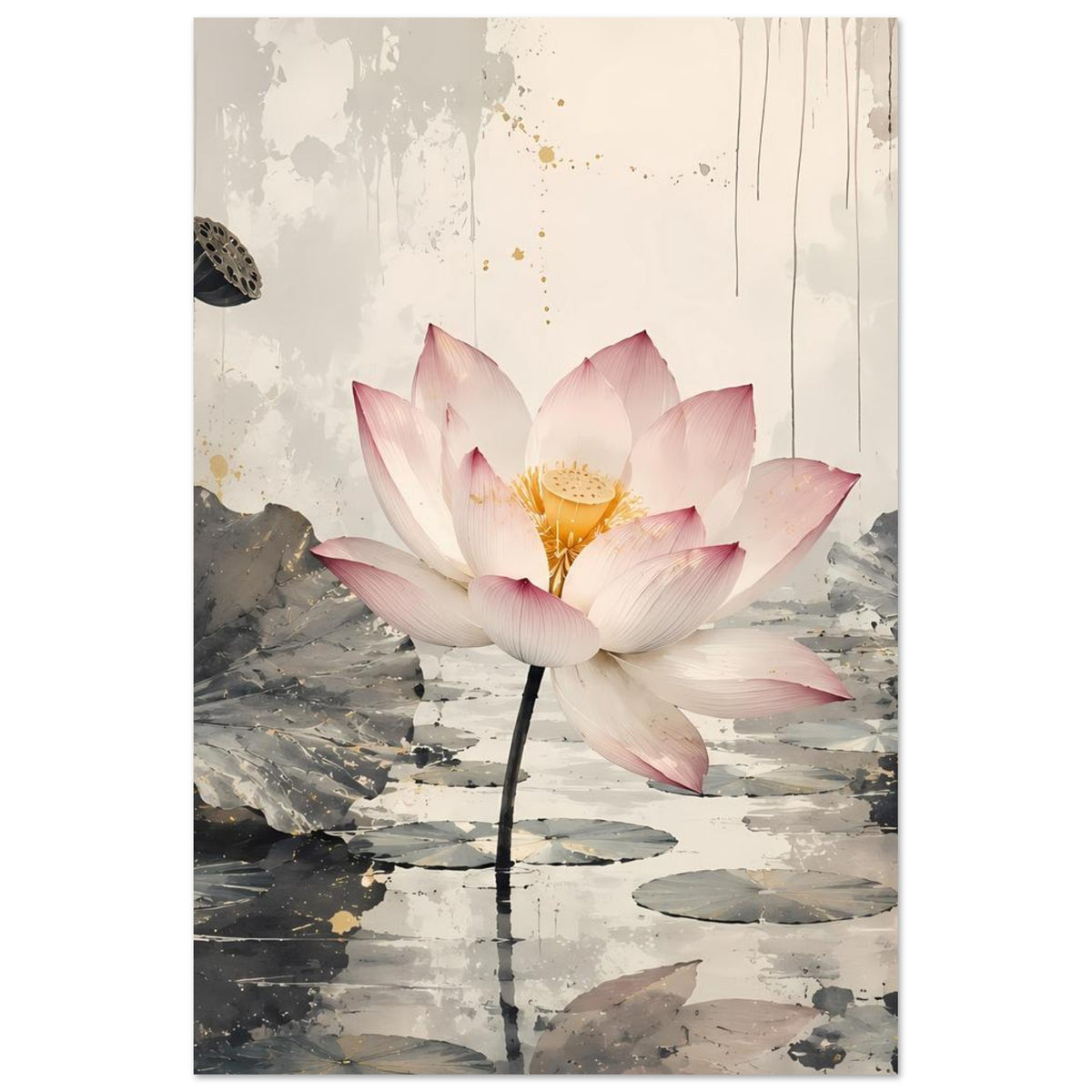 Poster mit Lotusblüte in Pastellrosa, graue Seerosenteich-Optik mit Sprüh- und Pinselstrichen