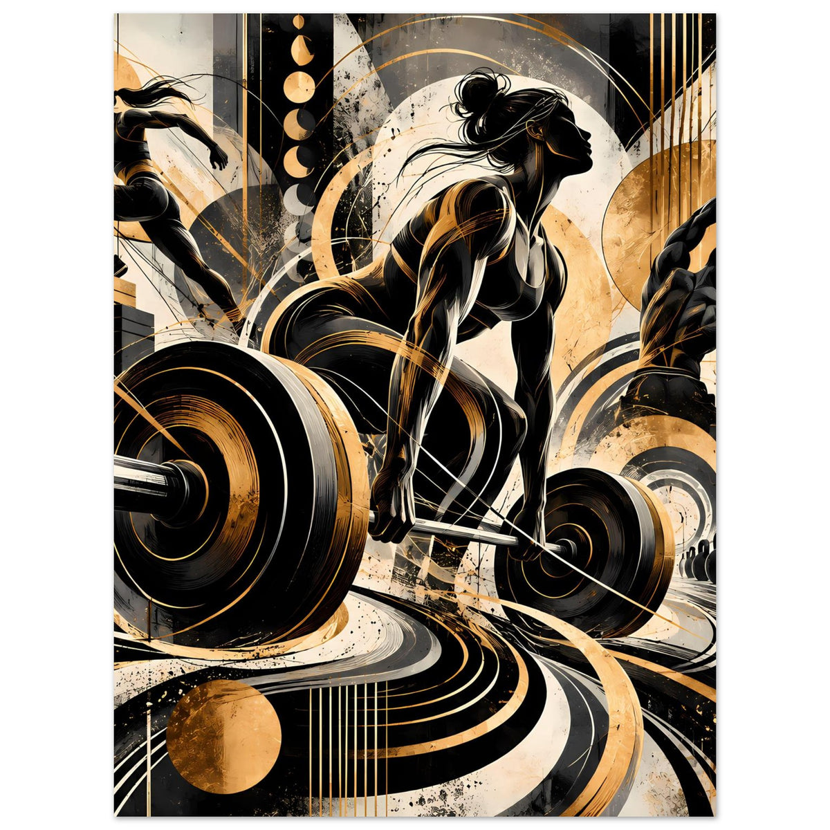 Fitness-Actionposter, vertikales Motiv mit Hantelstange und kraftvollen Silhouetten in Gold/Schwarz