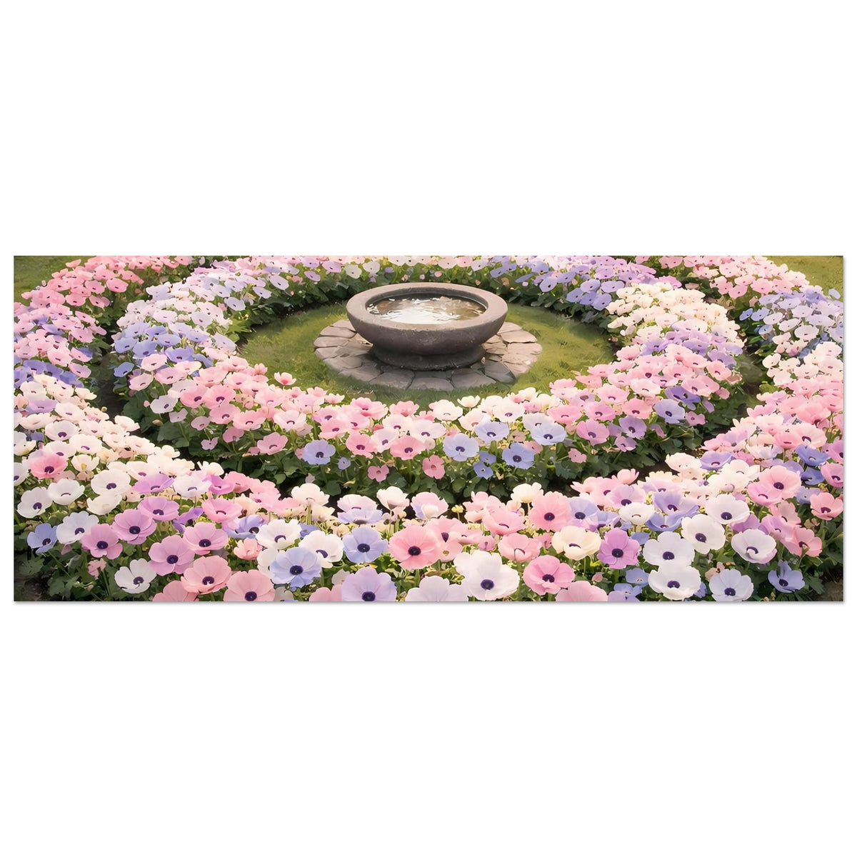 Horizontales Poster mit Rundblumenbeet und Steinschale im Zentrum, viele rosa Blüten