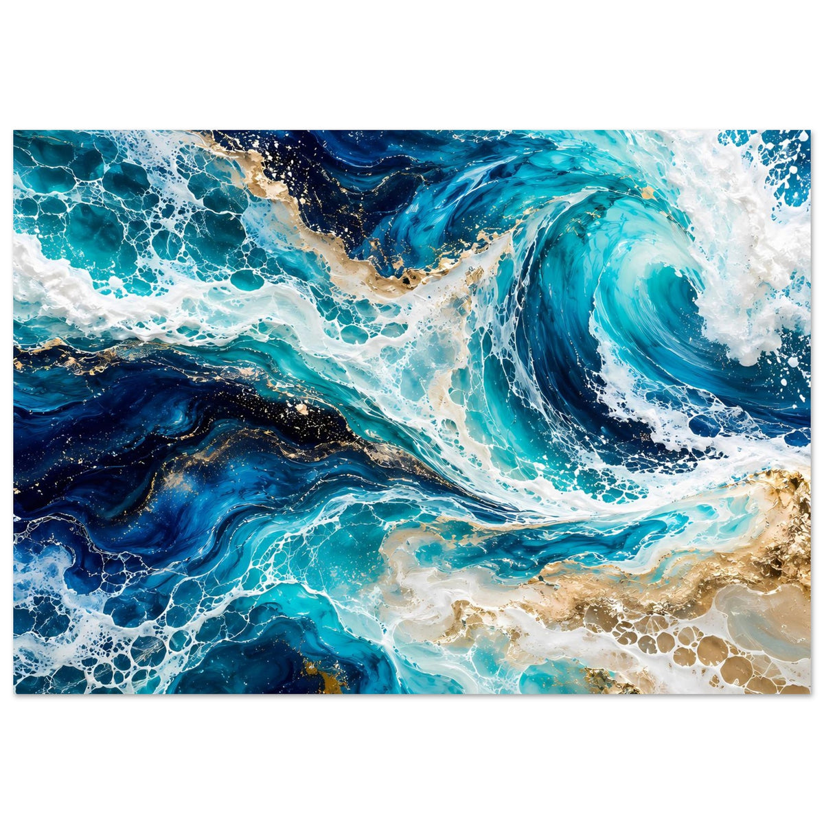 Wandposter mit abstrakter Ozeanwelle in Blau, Türkis und Gold, horizontal
