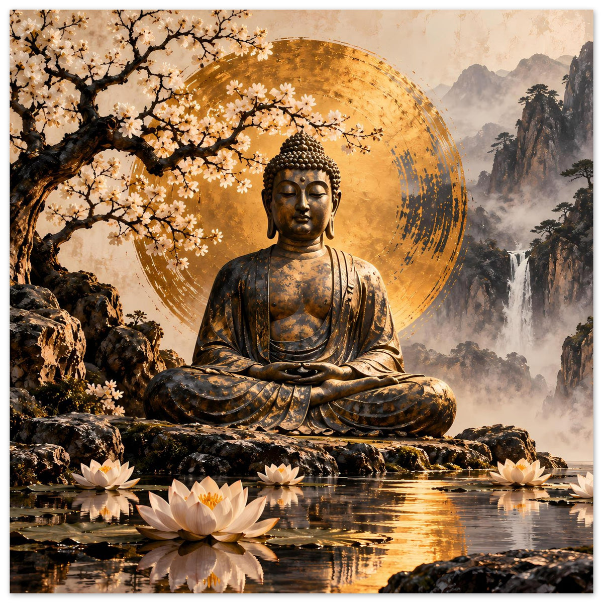 Poster mit sitzendem Buddha, goldener Aura, Kirschblüten und Lotusblumen im Wasser