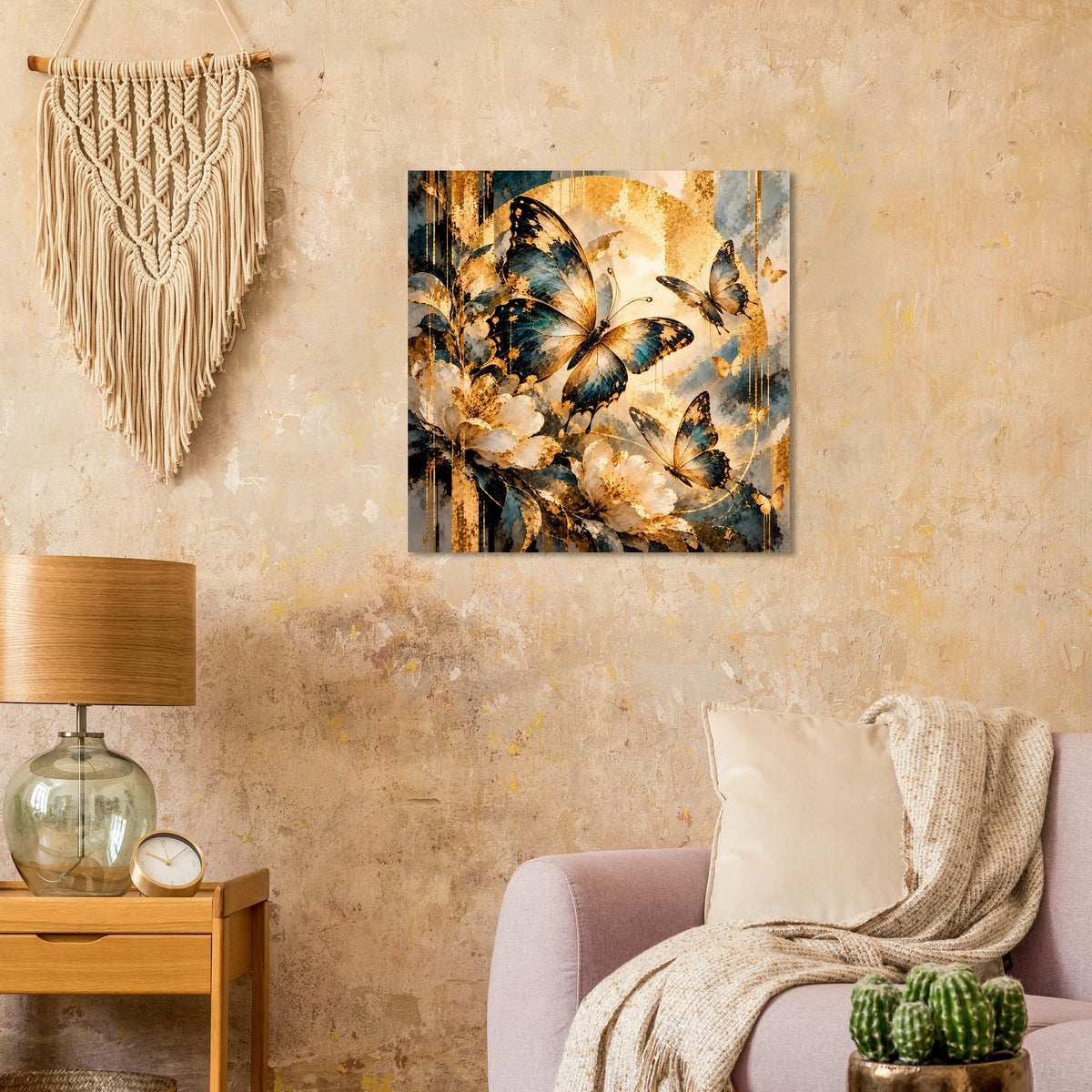 Quadratisches Schmetterlingsposter mit gold-blauen Schmetterlingen und beigen Wolken