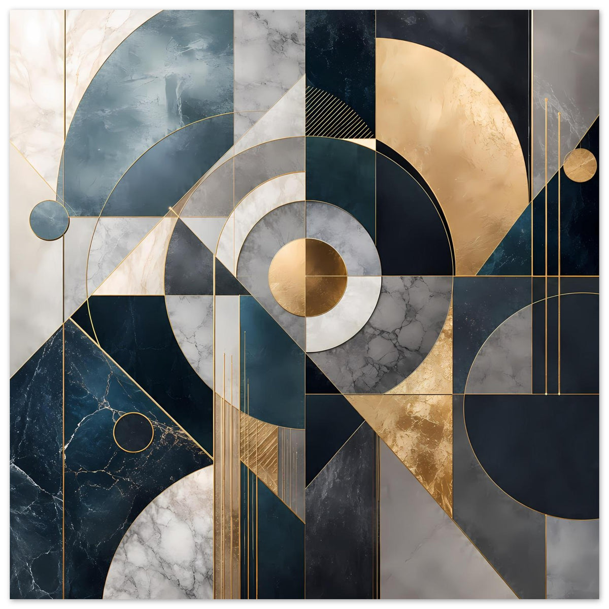 Geometrisches Poster mit goldener Kreisfläche, Ringen und Streifen in Blau-, Grau- und Schwarztönen