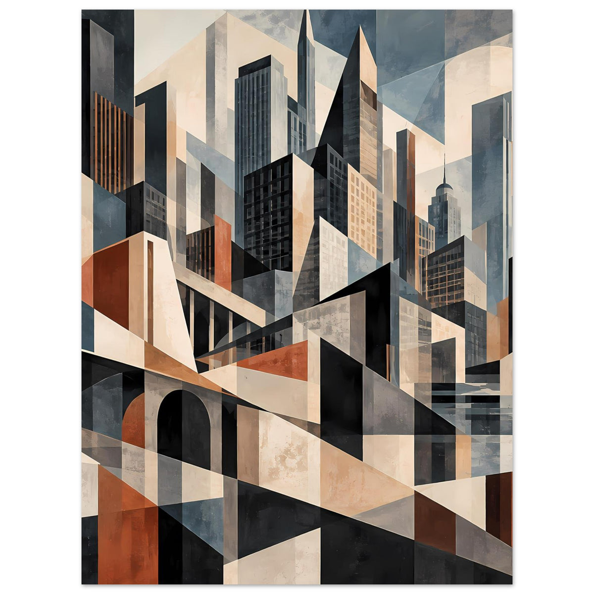 Architekturposter mit urbaner Geometrie: Hochhäuser, Brücke und Schattenflächen in Blau, Beige und Dunkelgrau