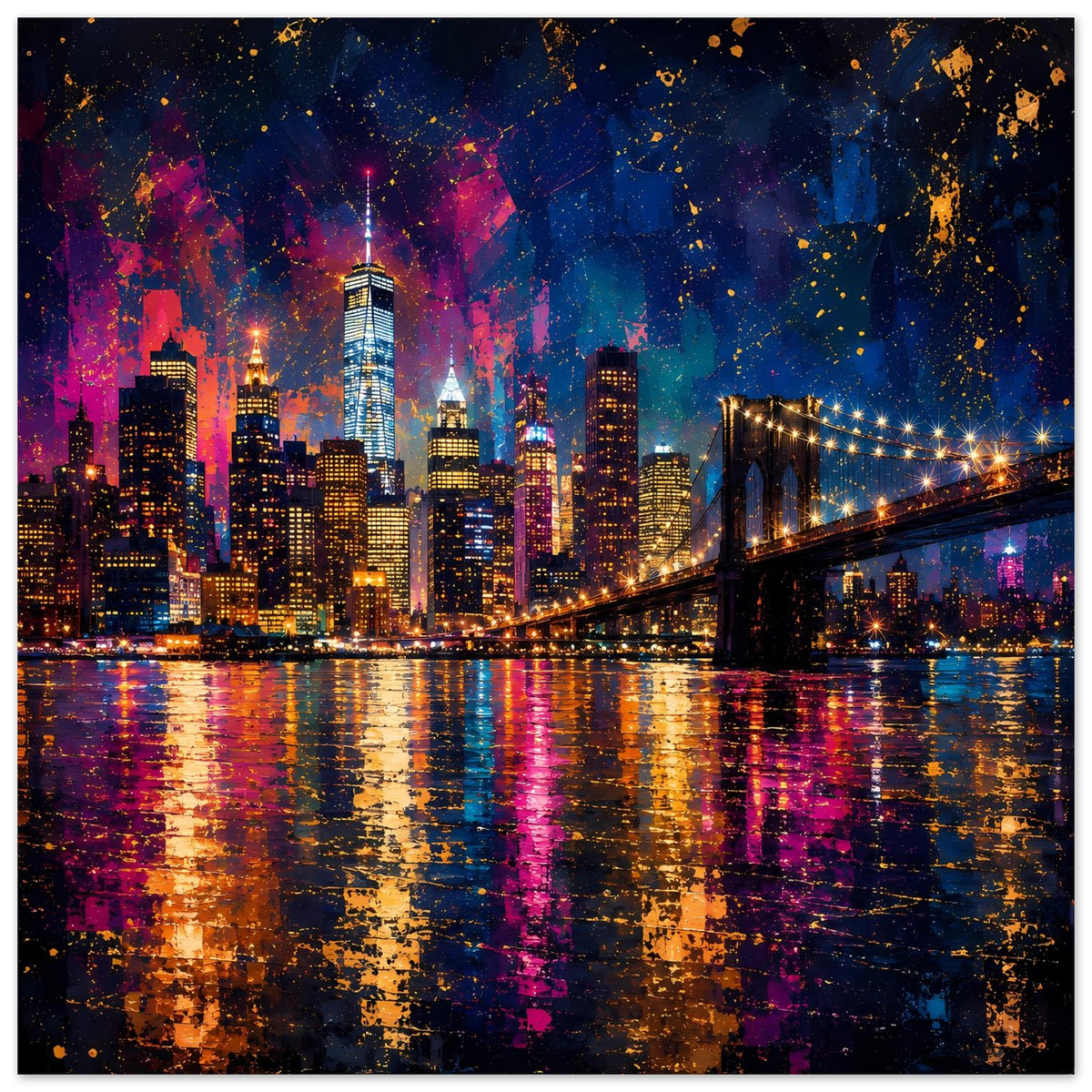 Abstraktes Stadtposter mit leuchtender Skyline und Hängebrücke bei Nacht, Reflexion im Wasser