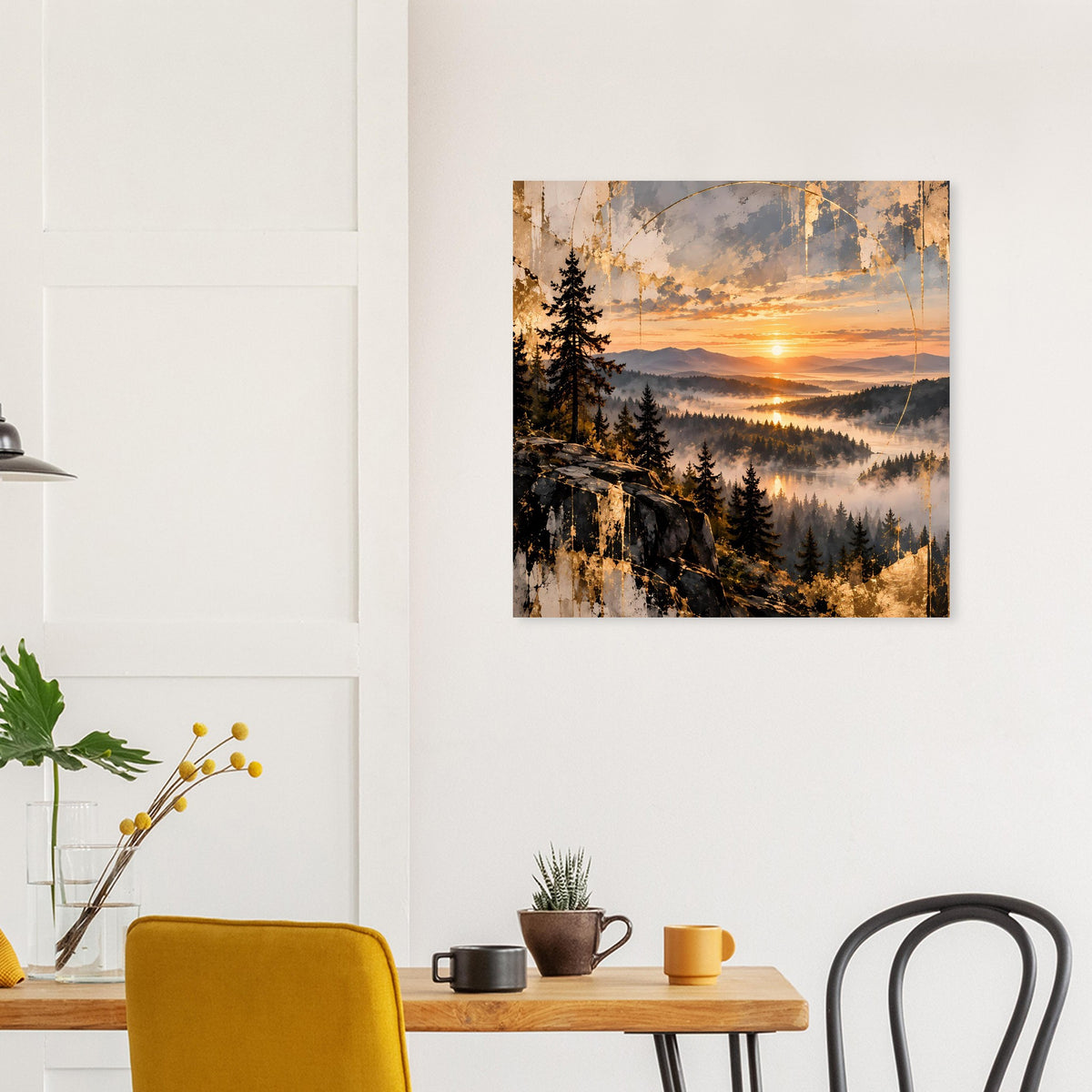 Landschaftsposter mit Sonnenuntergang, Bergkette im Hintergrund und Wald