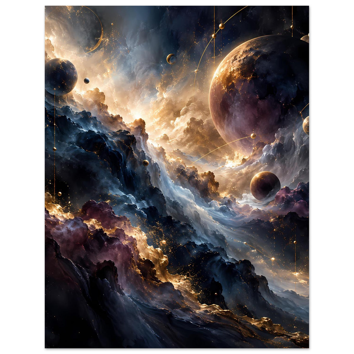 Kosmos-Kunstposter mit mehreren Planeten, leuchtendem Nebel und goldenen Linien im Weltraum
