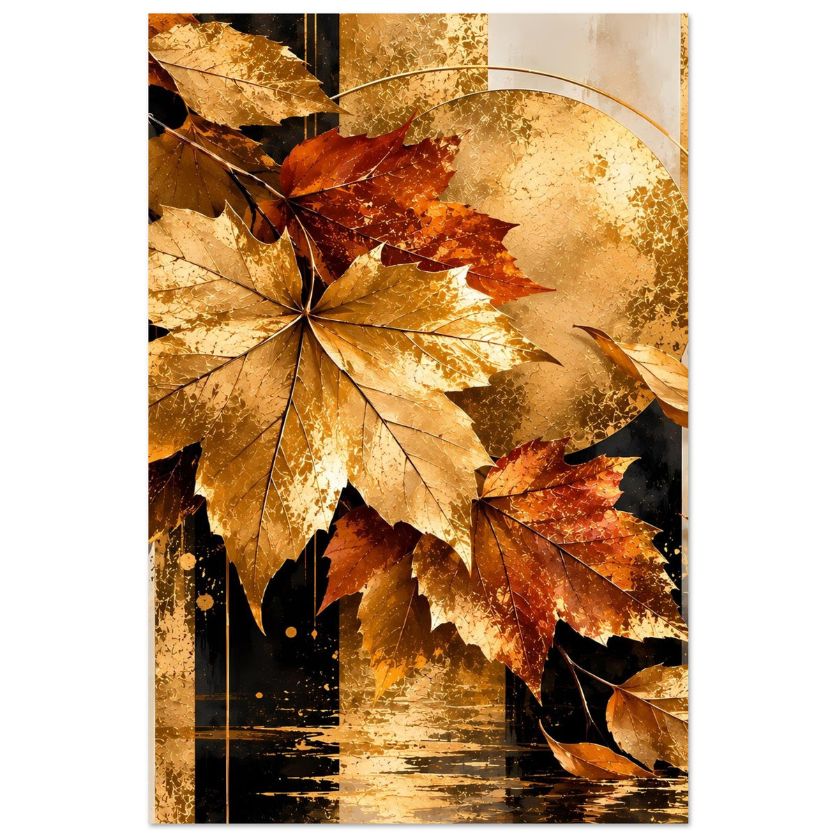 Poster mit Ahornblättern in warmen Herbstfarben, goldener Sonne im Hintergrund, mit Kreisbogen