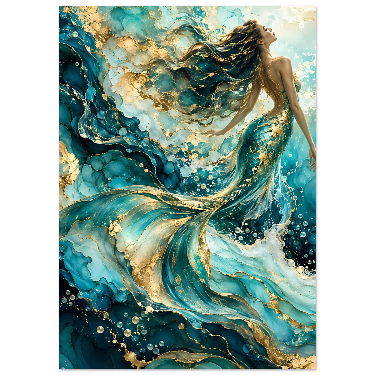 Meerjungfrau-Kunstposter, vertikal: Flossen und Arm im türkisblauen Gold-Wellenmeer