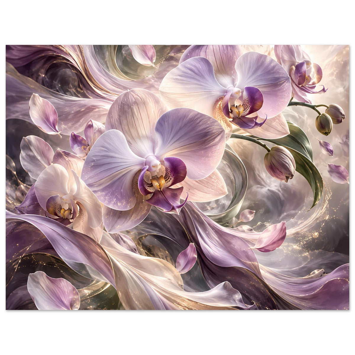Hochkant-Blumenposter mit violetten Orchideenblüten und cremefarbenen Highlights im Motiv