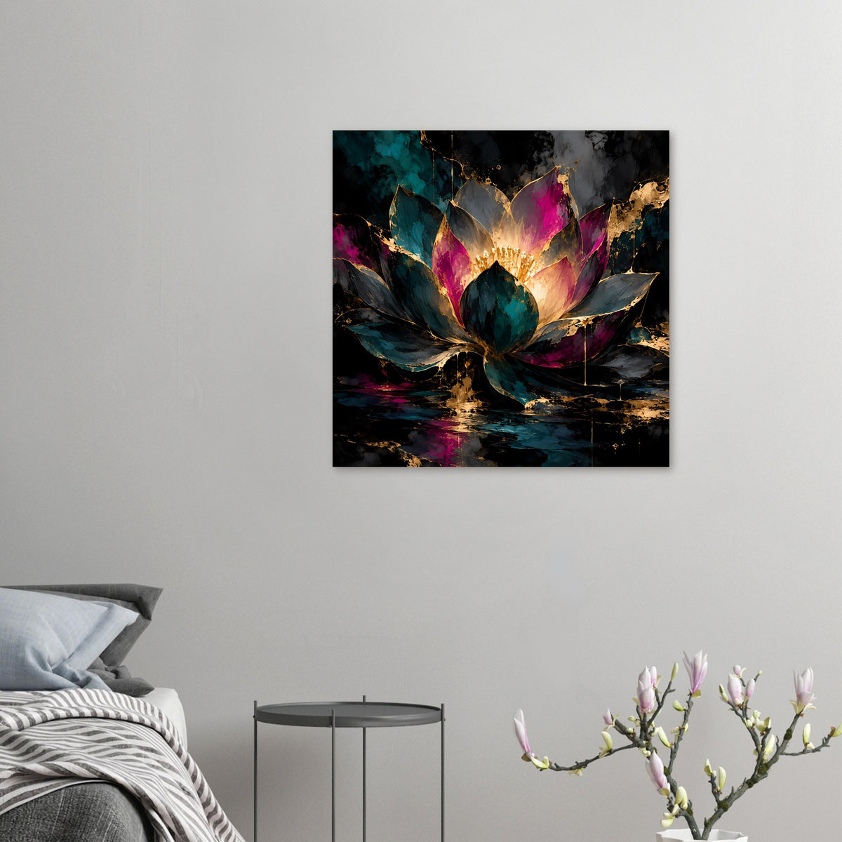 Kleines Kunstposter mit leuchtender Lotusblüte, türkis, pink und goldenen Akzenten