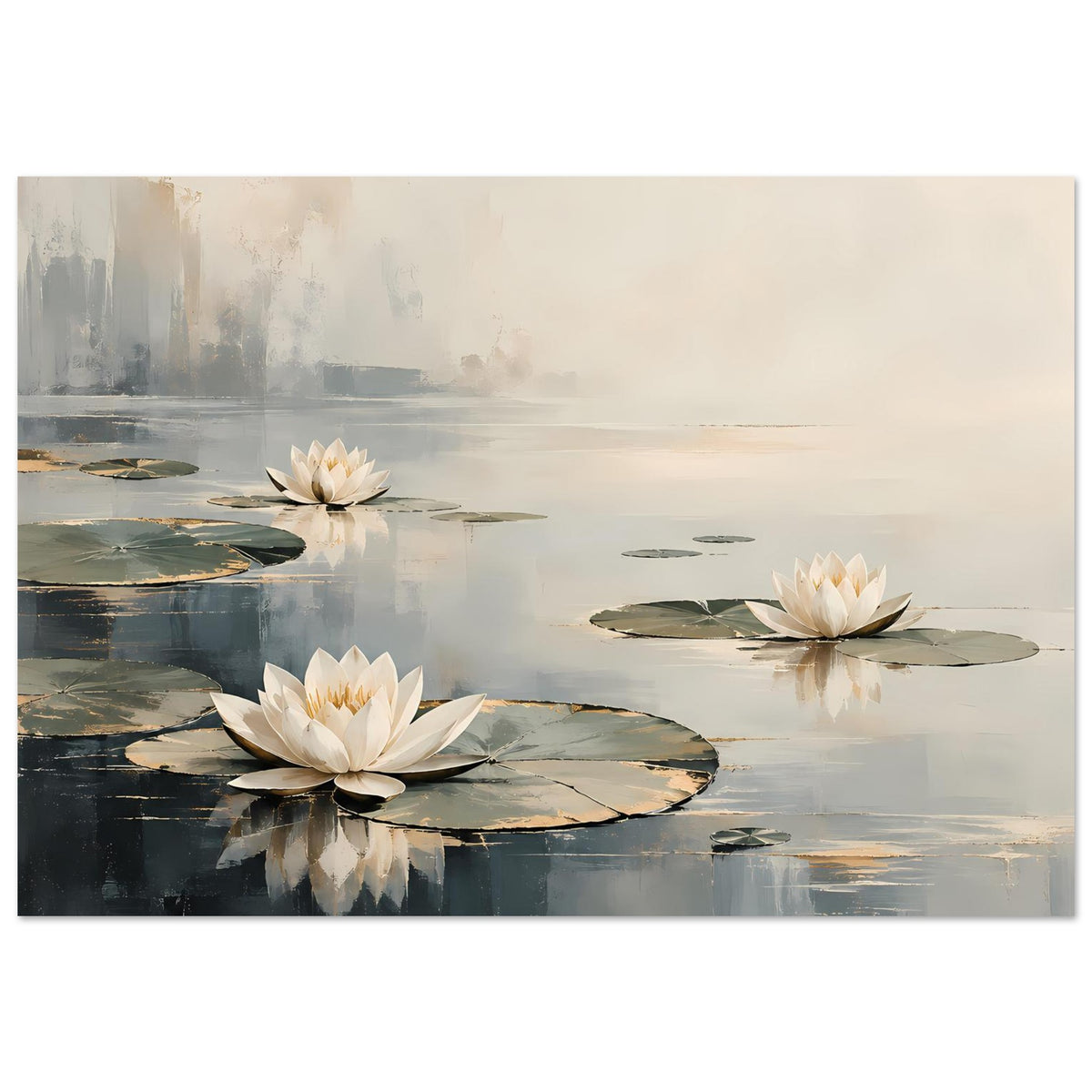 Horizontales Poster mit Seerosenblüten, großen Blättern und ruhigen Wasserreflexionen