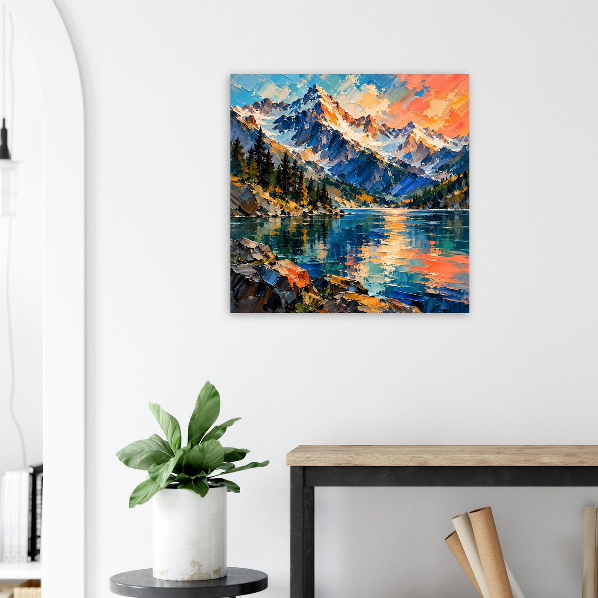 Quadratisches mattes Poster: Bergsee zwischen Bergen, kräftige Farben