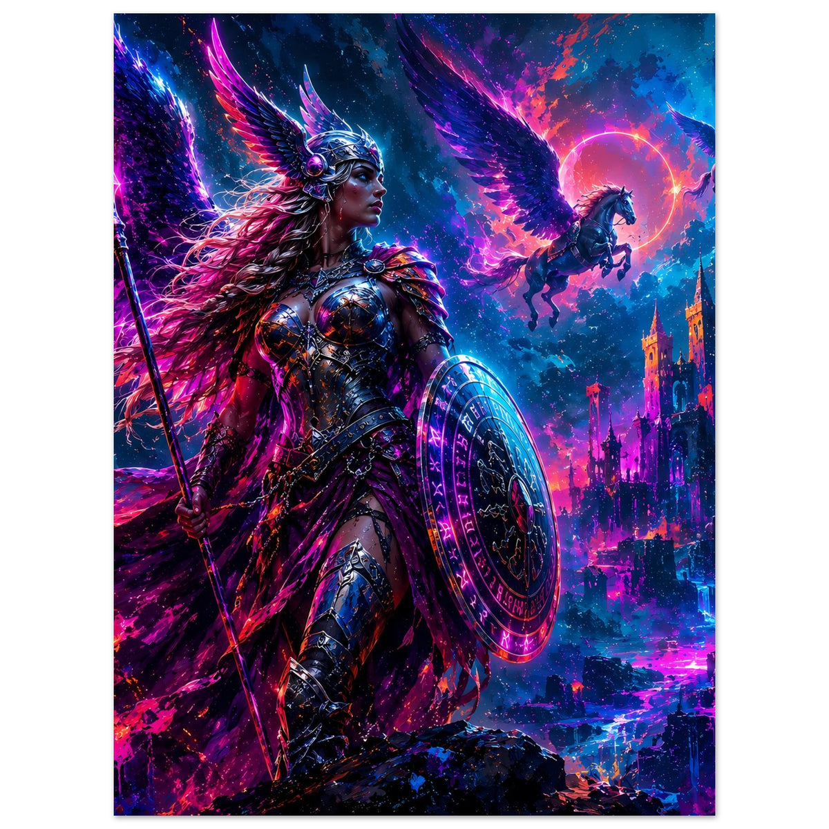 Fantasy-Poster mit Wikingervalkyrie in silberner Rüstung, Flügeln, Schild und Schwert
