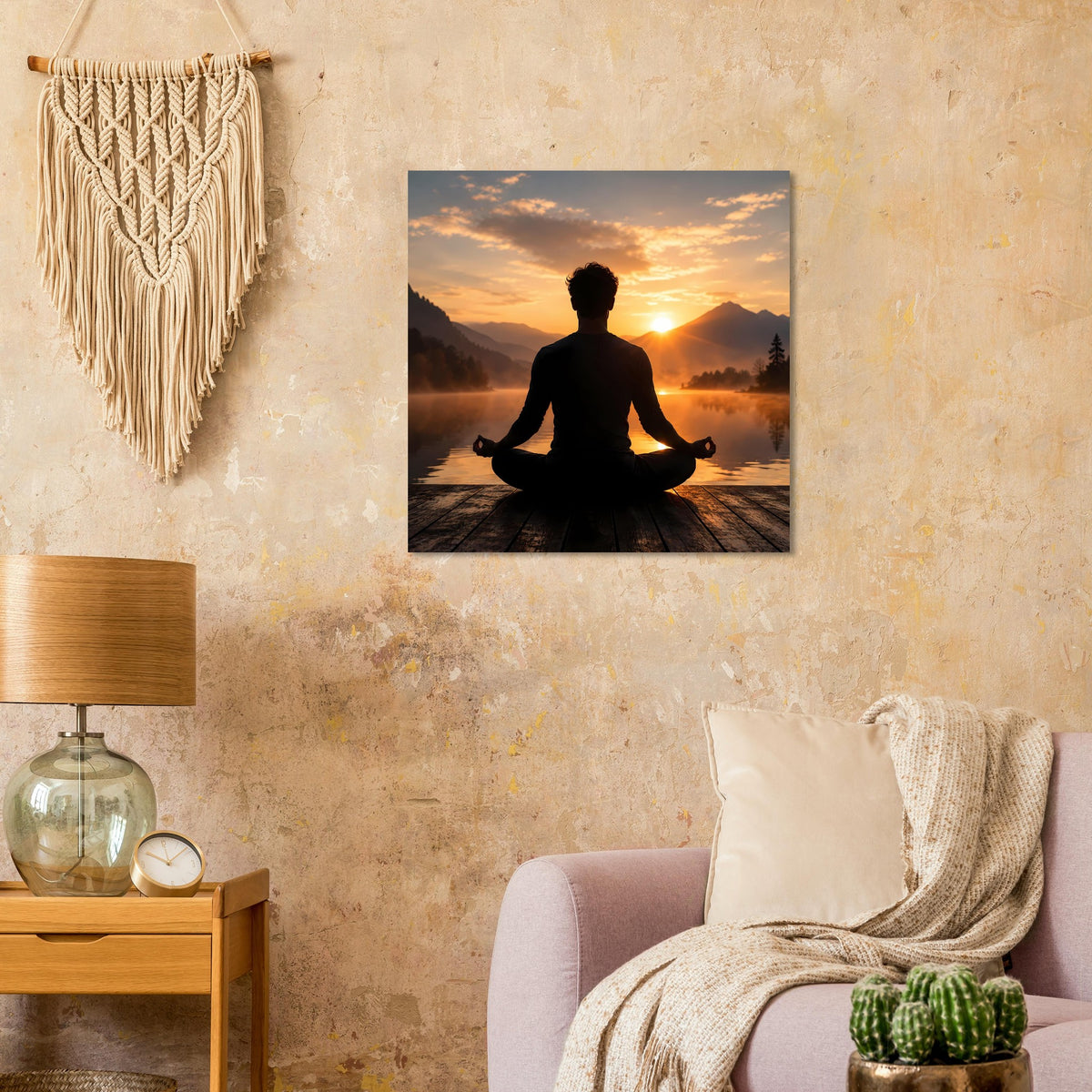 Wandposter mit sitzender Meditationsfigur, goldener Sonnenuntergang über Nebelsee