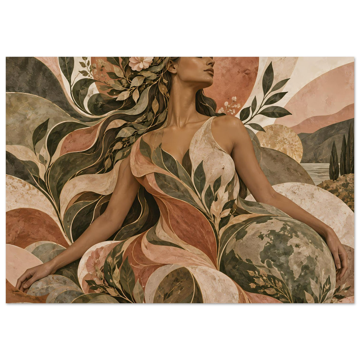 Kunst-Poster mit Porträt einer Frau im Blumen- und Blattmuster in Erdtönen