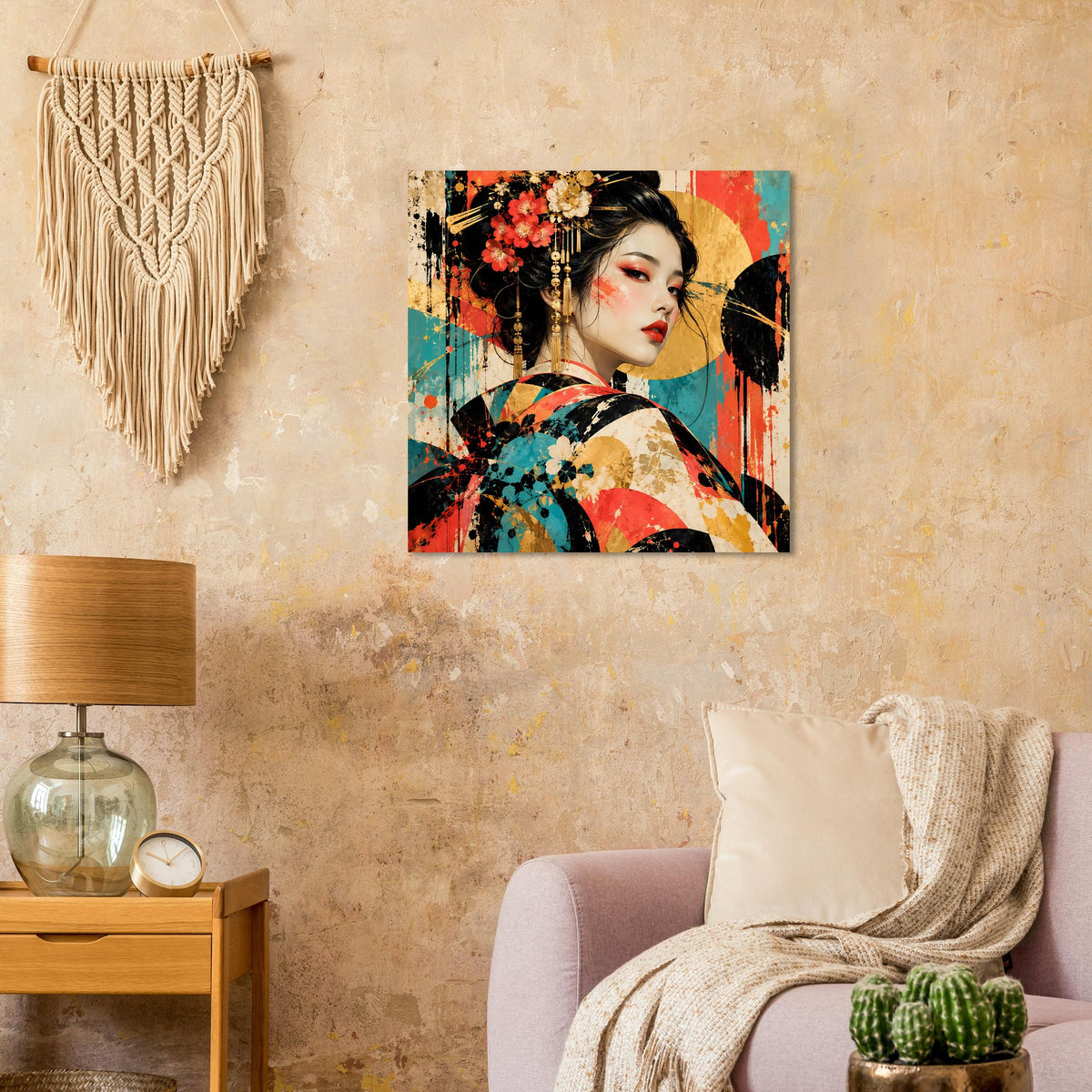 Kunstposter mit Geisha-Gesicht, lebendigen Farbflecken und Perlenhaarschmuck