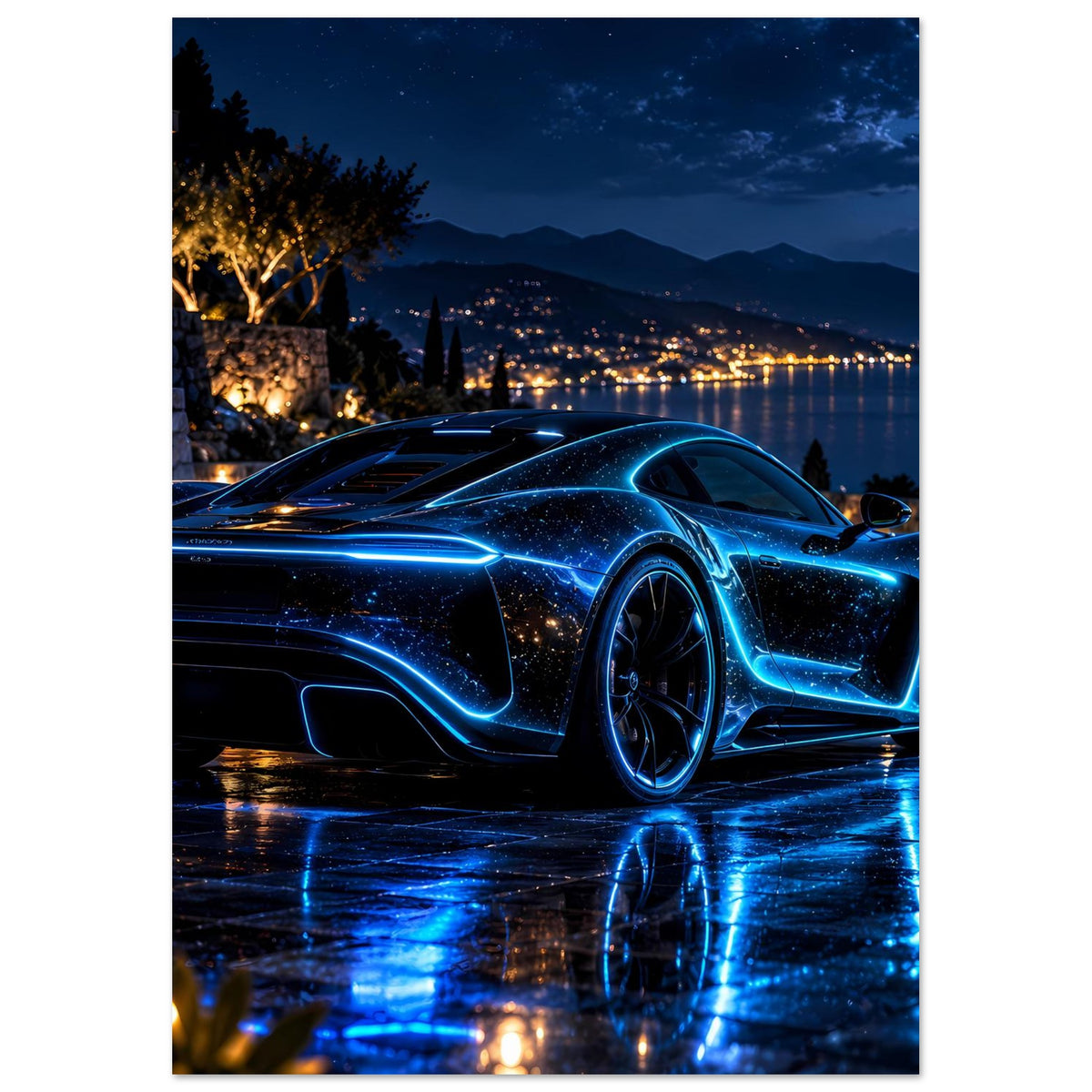 Vertikales Poster mit blauem Neon-Sportwagen und nächtlichem Stadtpanorama im Hintergrund