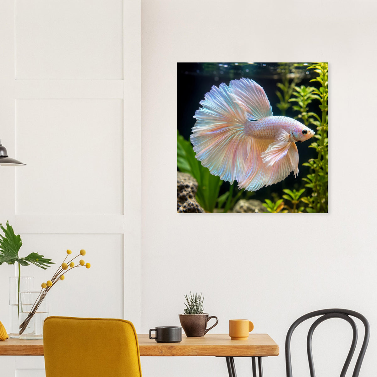 Quadratisches Poster mit Betta-Fisch, weit ausgebreitete Flossen in Rosa-Blau