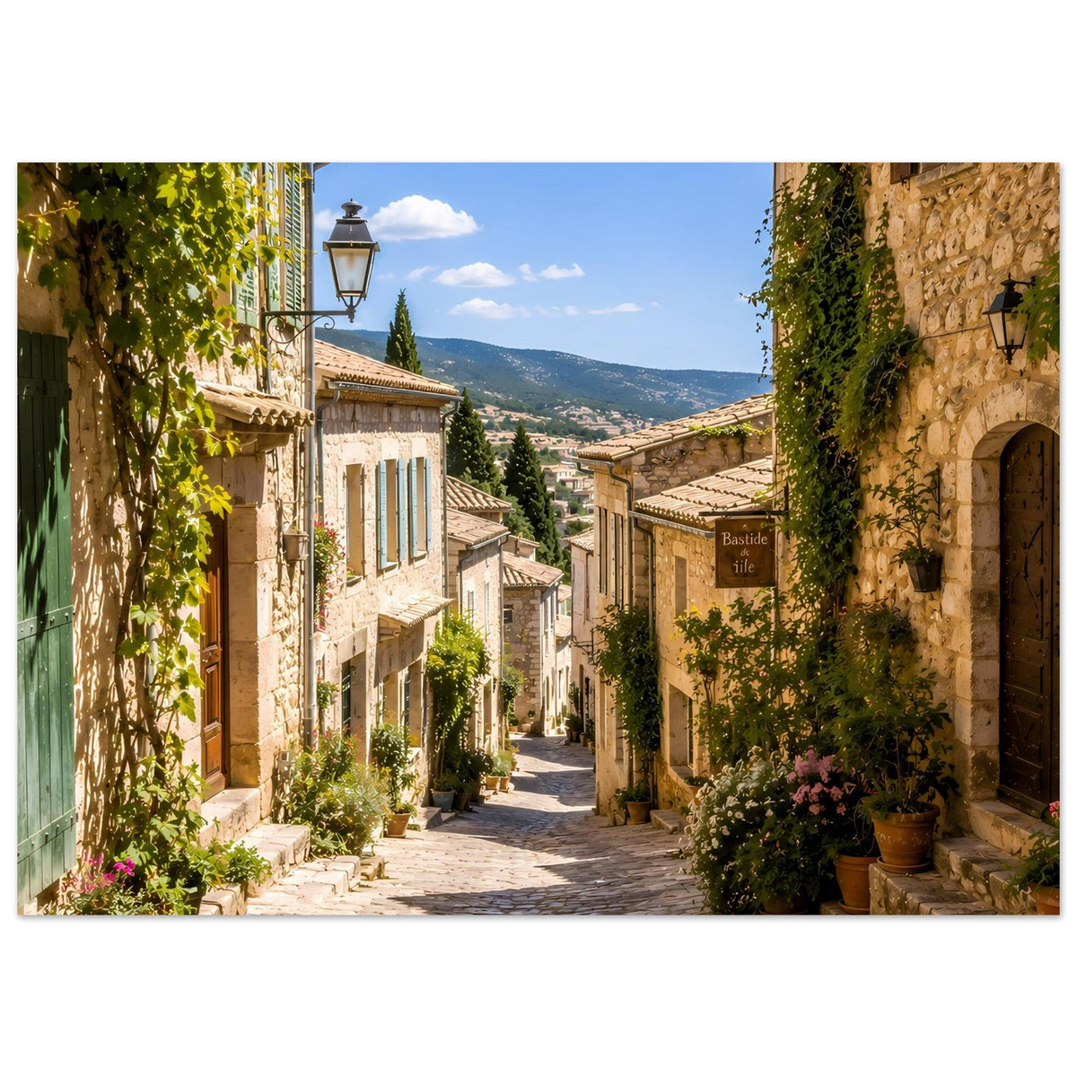 Mediterranes Poster mit Blick auf eine Dorfstraße: Altbauten, Efeu, Kübelpflanzen und Laternen