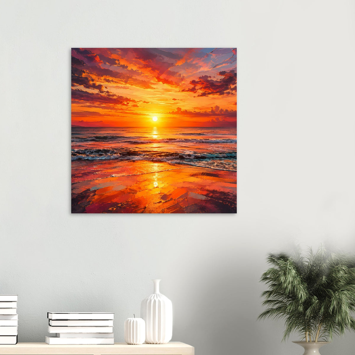 Quadratisches Poster mit Sonnenuntergang über dem Ozean, warme Farben und reflektierendes Wasser