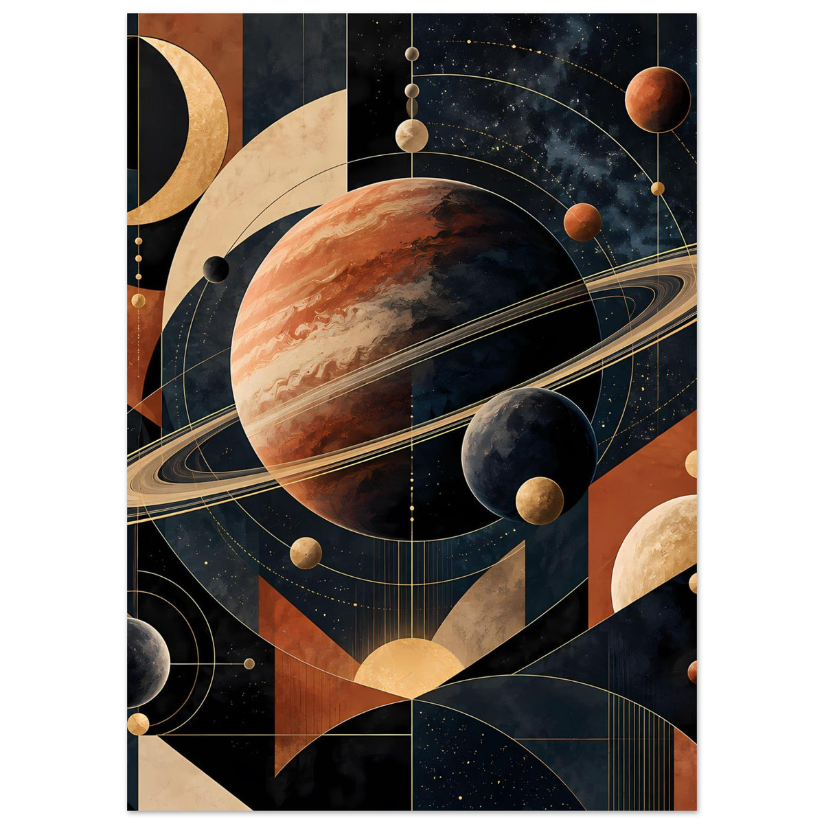 Poster mit Planetenszene: großer Planet, Saturnring, Monde und geometrische Hintergründe