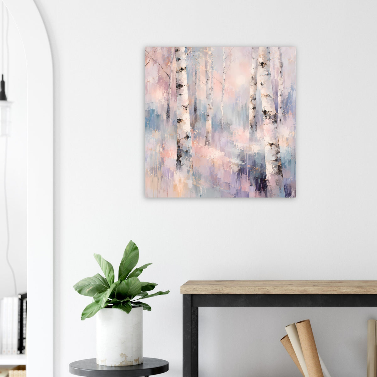 Naturposter mit Birkenwald in Pastellfarben, quadratisch