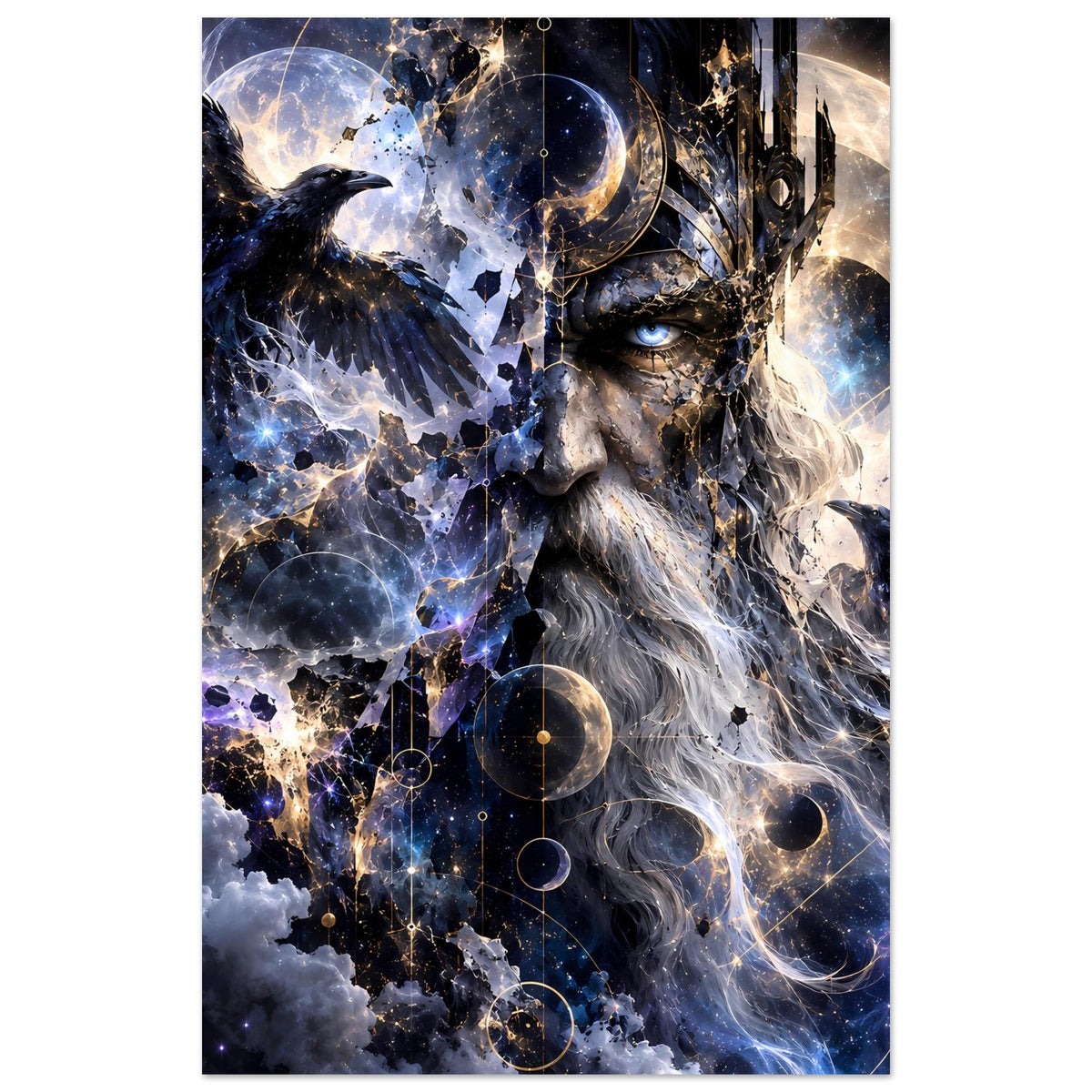 Fantasy-Poster im Hochformat mit Königsgesicht, Raben und Sternen