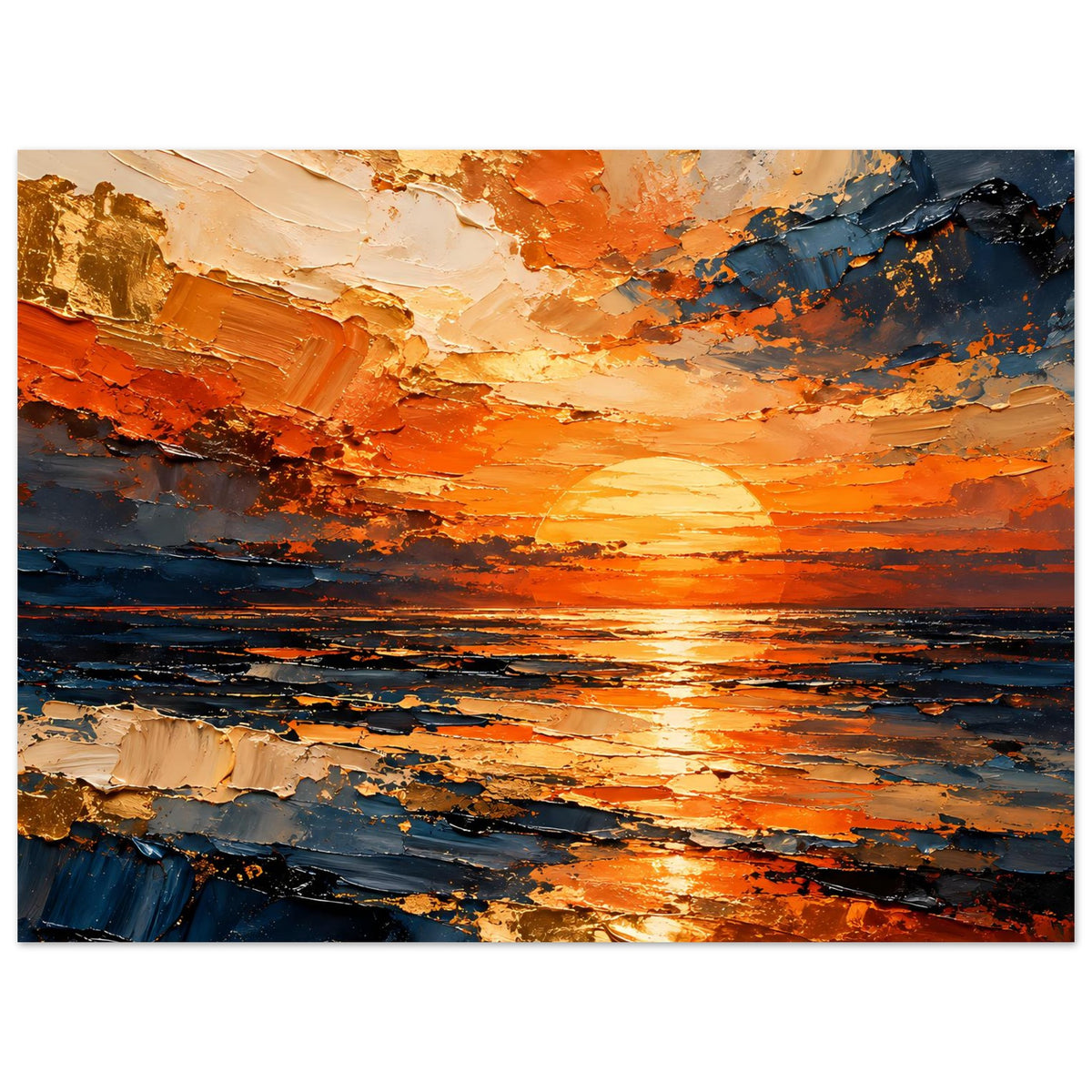 Ozean-Poster mit abstraktem Sonnenuntergang, orange und blau, sichtbare Farbstruktur