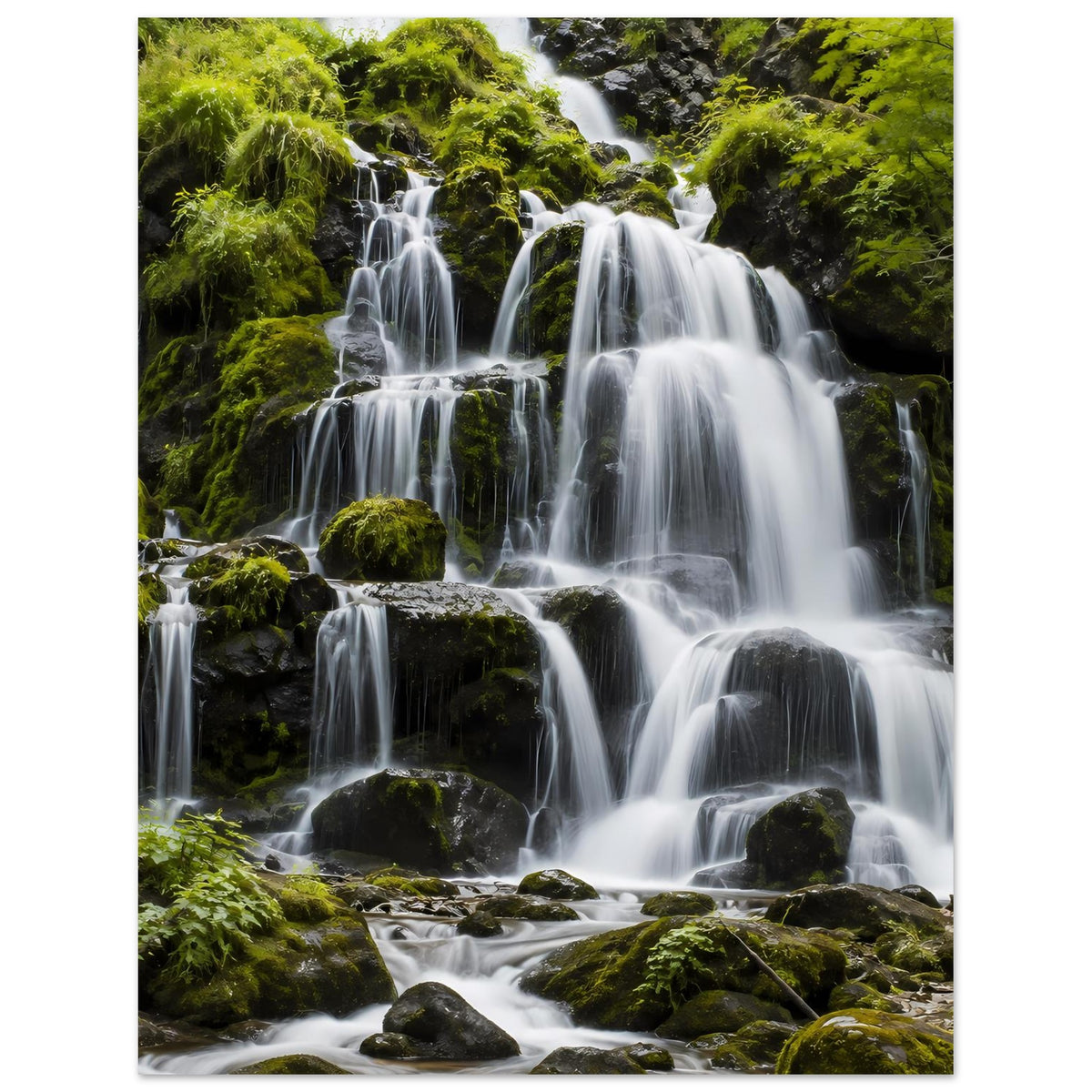 Wasserfall-Poster im Hochformat mit Wasserfällen, umgeben von grünem Moos