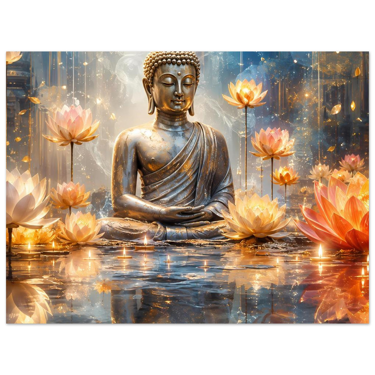 Zen-Serenity-Poster querformatig: goldener Buddha und Lotusblüten, Spiegelung auf Wasser