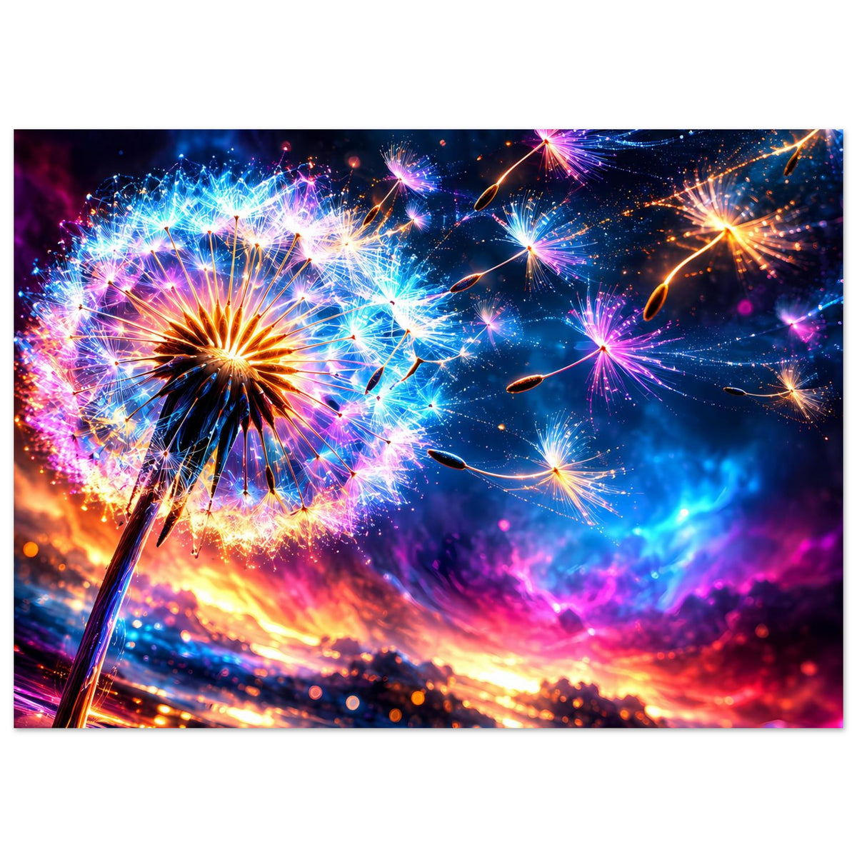 Neon-Feuerwerk-Poster im Querformat mit Farbexplosionen in Blau, Lila und Orange