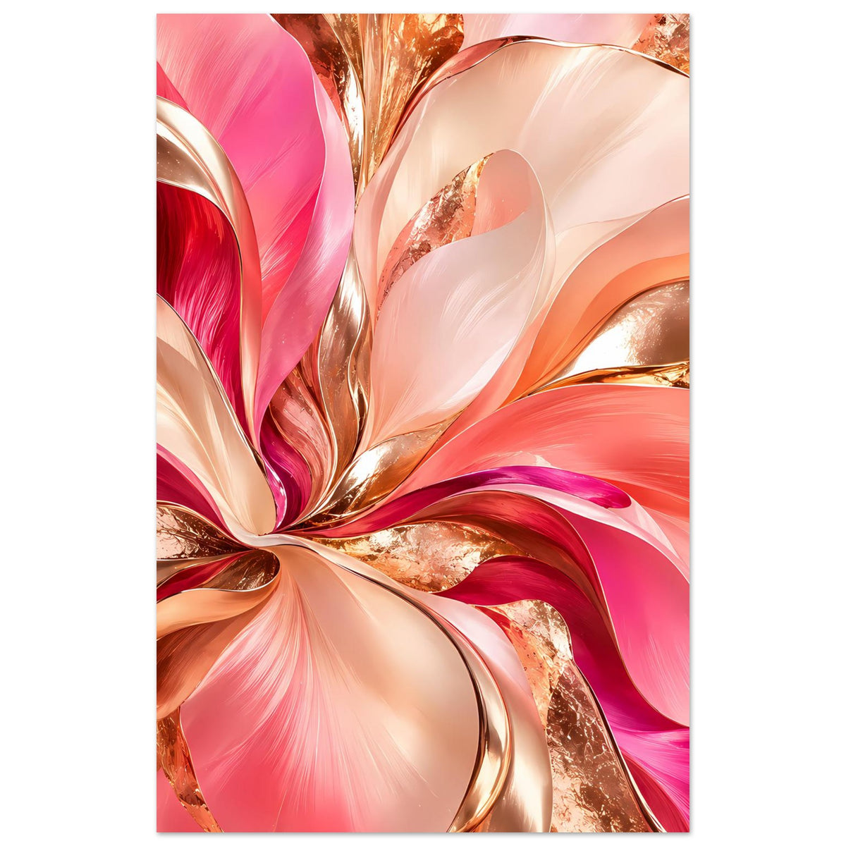 Abstraktes Blumenposter mit rosa und goldenen Farbwirbeln sowie beigen Blattflächen