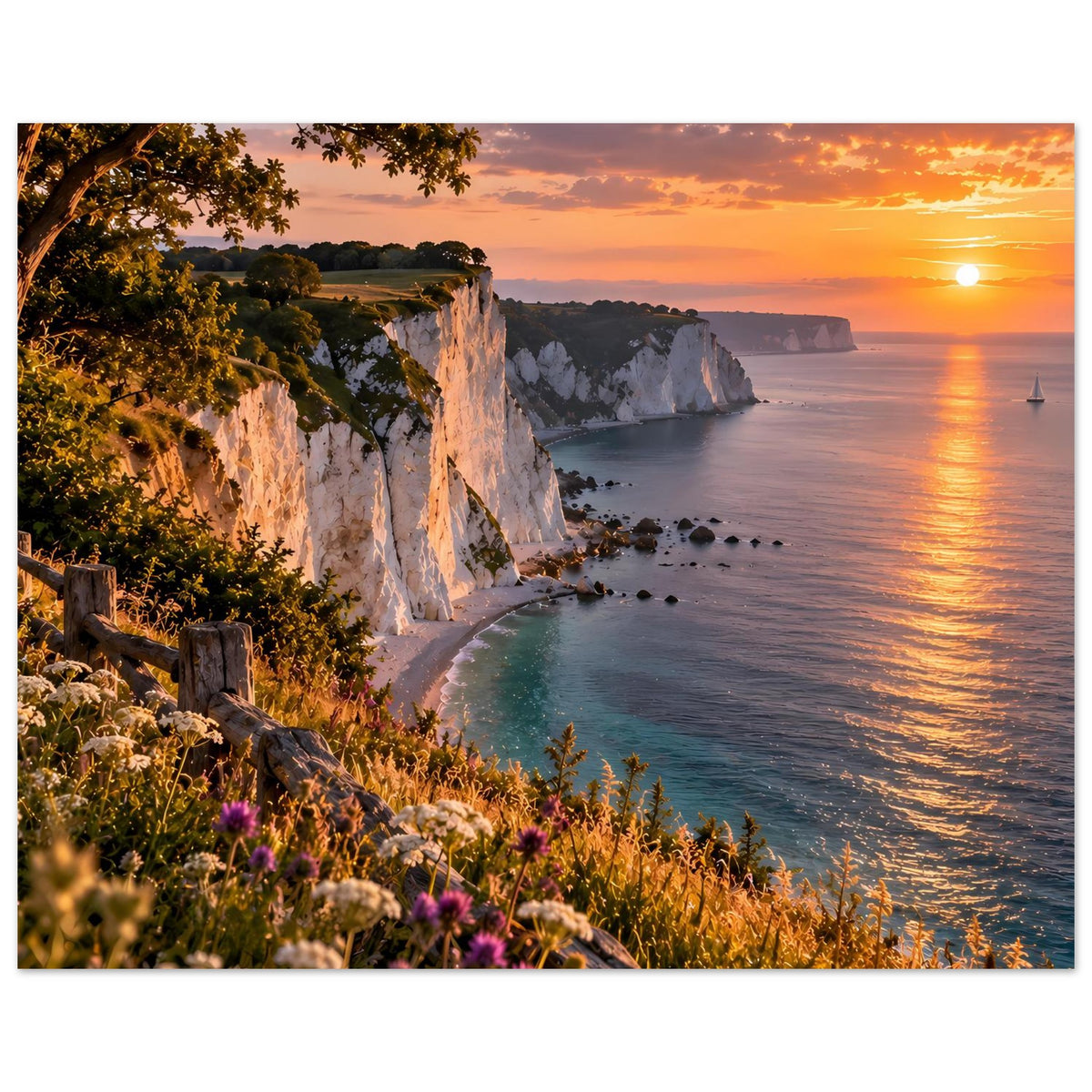 Poster: Küstenlandschaft mit weißen Kreidefelsen, Wiesenblumen und Sonne über dem Meer