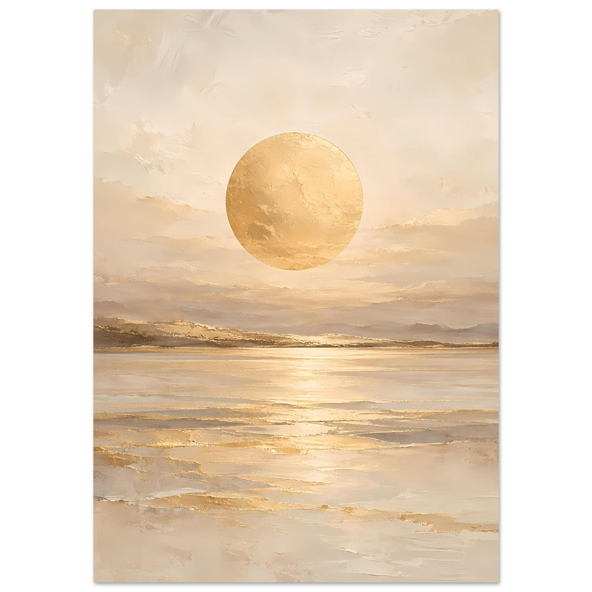 Hochformatiges Kunstposter mit beiger Szenerie, goldenem Kreis und sanften Lichtspuren
