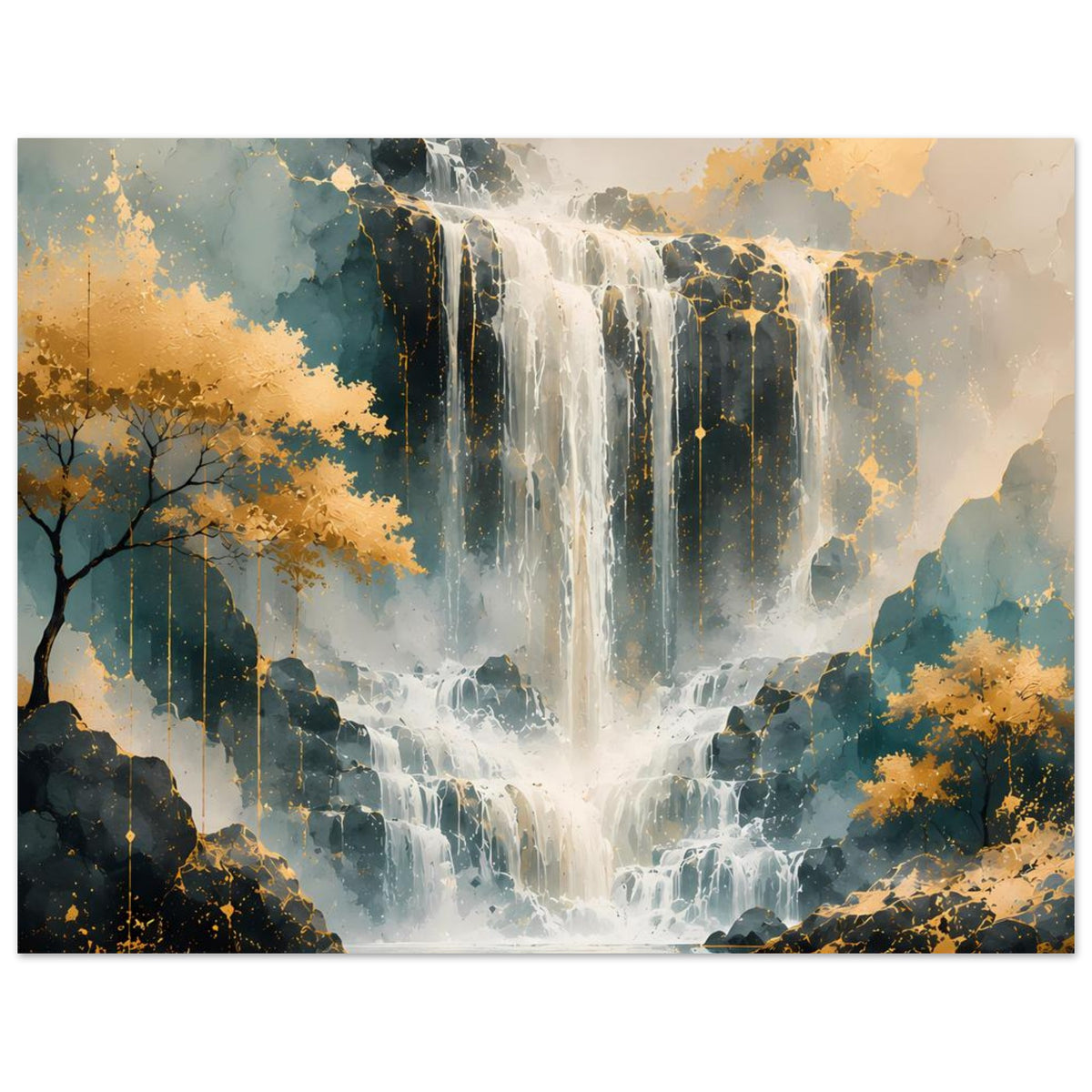 Wasserfall-Kunstdruck in Gold-Blau, horizontal, Posterprint mit Wasserfall und Felsen